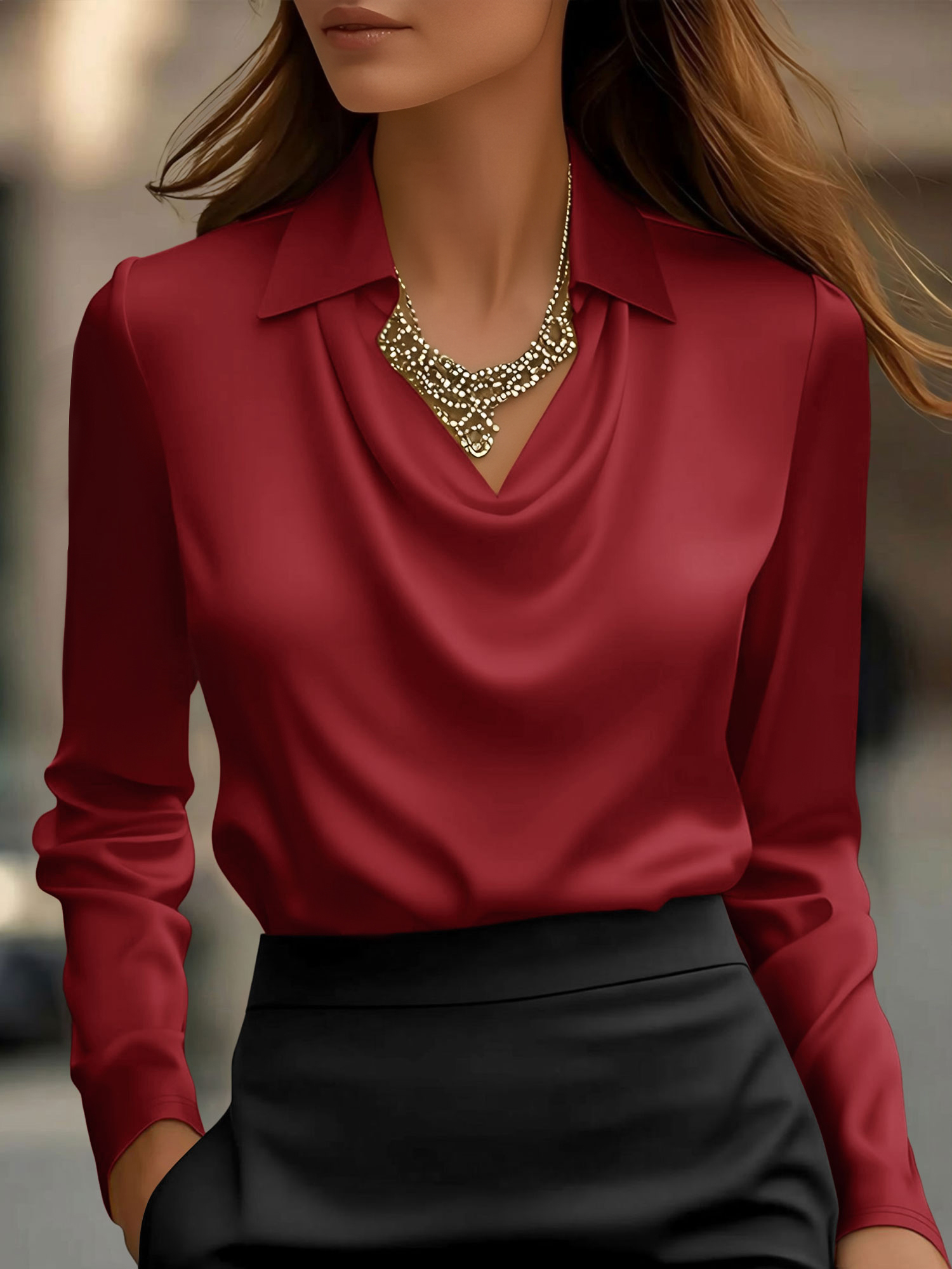 Collar Cowl Neck Long Sleeves Satin Blouse Burgundy/L