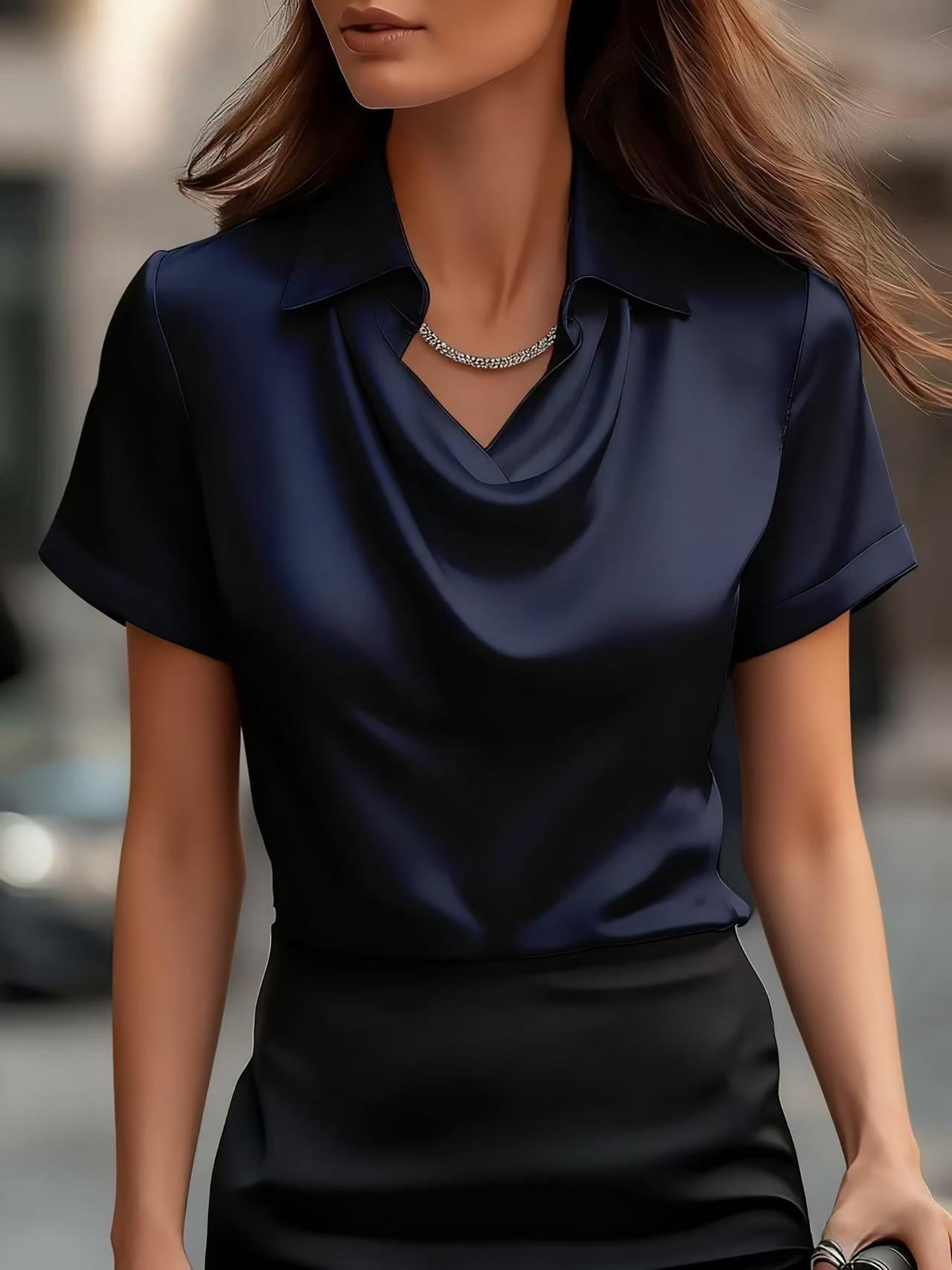 Collared Cowl Neck Short Sleeves Satin Blouse Dark Blue/XS