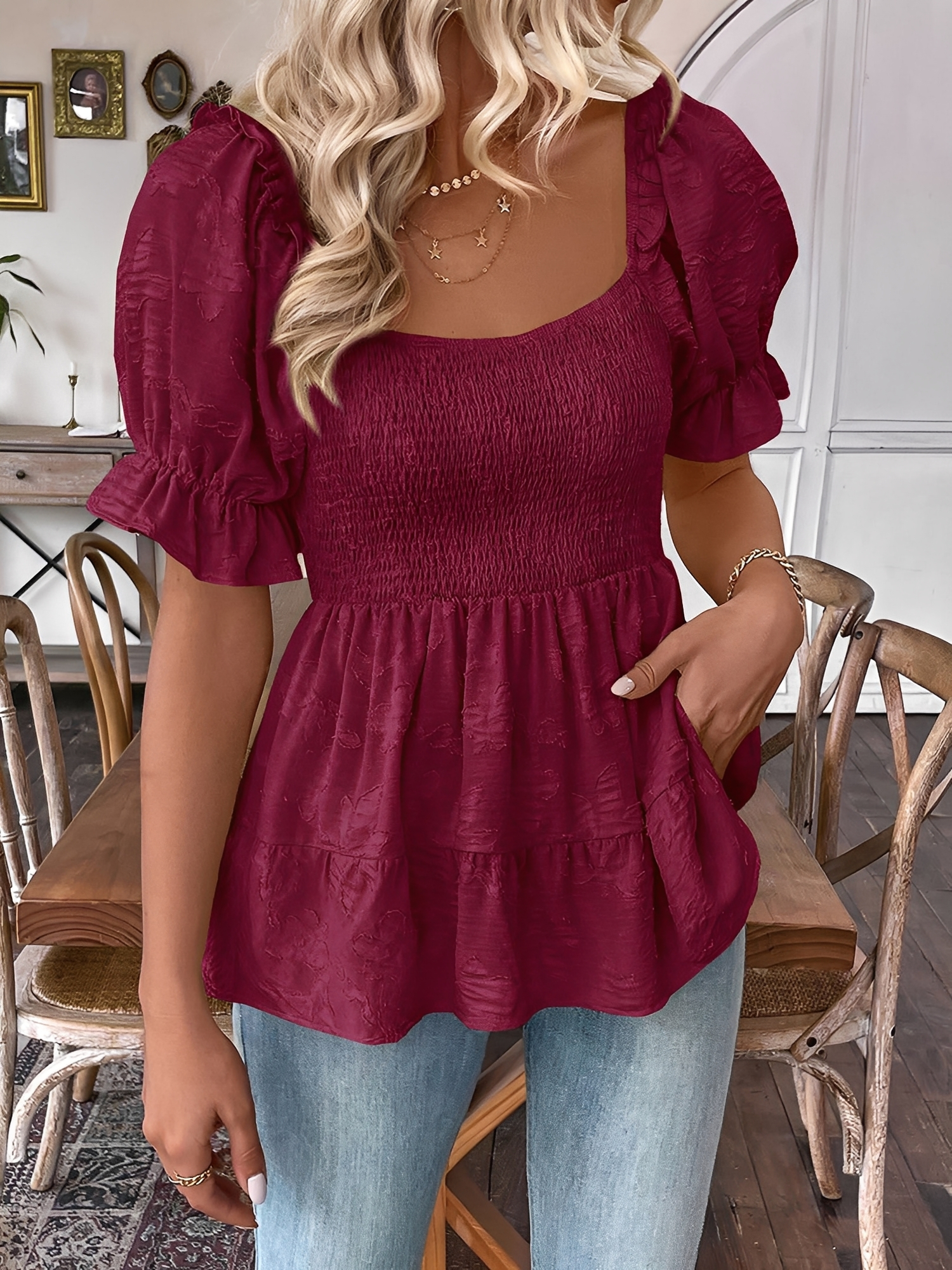 Square Neck Puff Sleeves Smocked Waist Blouse Burgundy/L