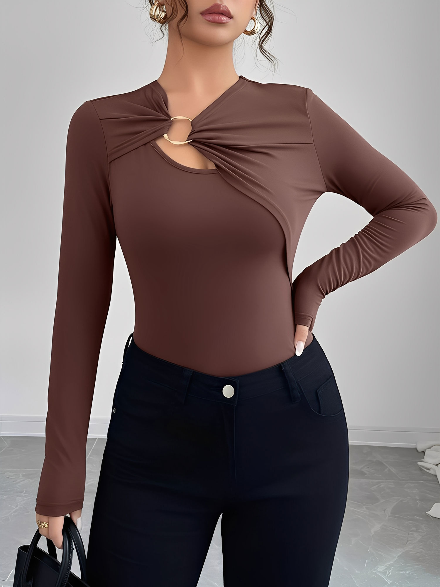 Keyhole Metal-Embellished Leopard Long Sleeves Blouse Coffee/M