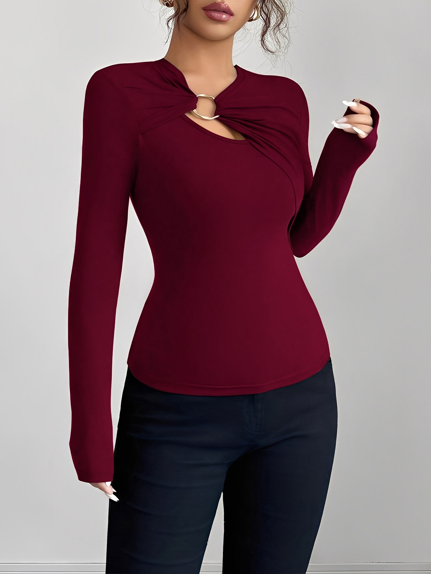 Keyhole Metal-Embellished Leopard Long Sleeves Blouse Burgundy/XS
