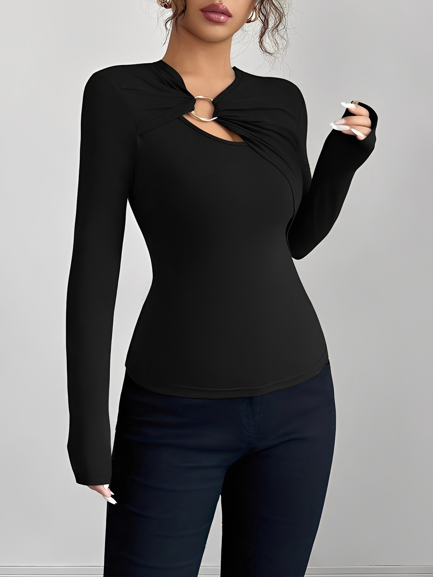 Keyhole Metal-Embellished Leopard Long Sleeves Blouse Black/XL
