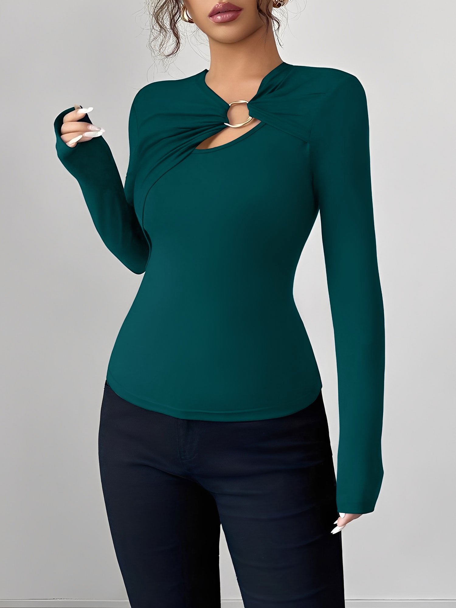 Keyhole Metal-Embellished Leopard Long Sleeves Blouse Peacock Blue/S