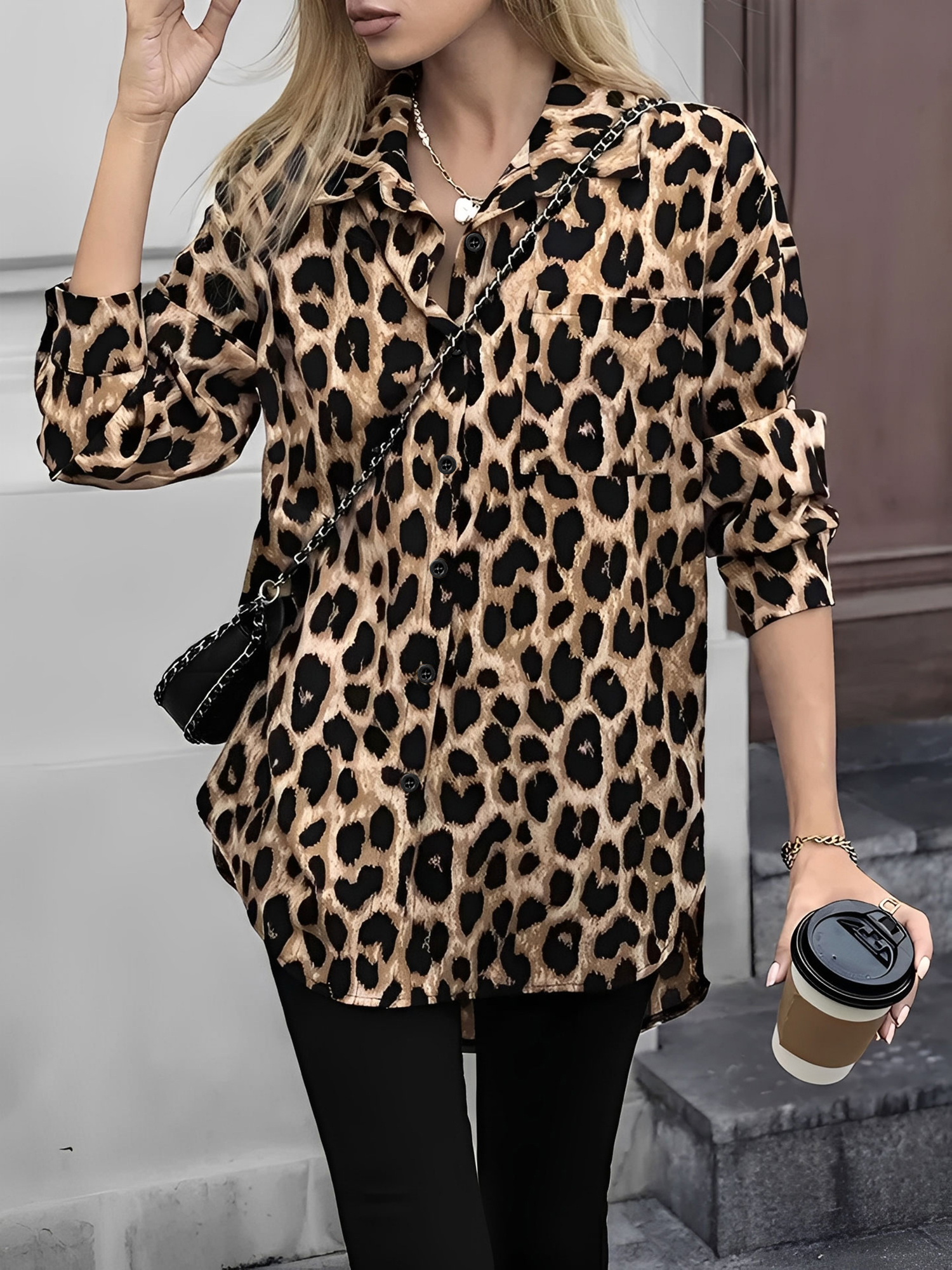 Satin Leopard Printed Long Sleeve Lace-Up Shirt Leopard/M