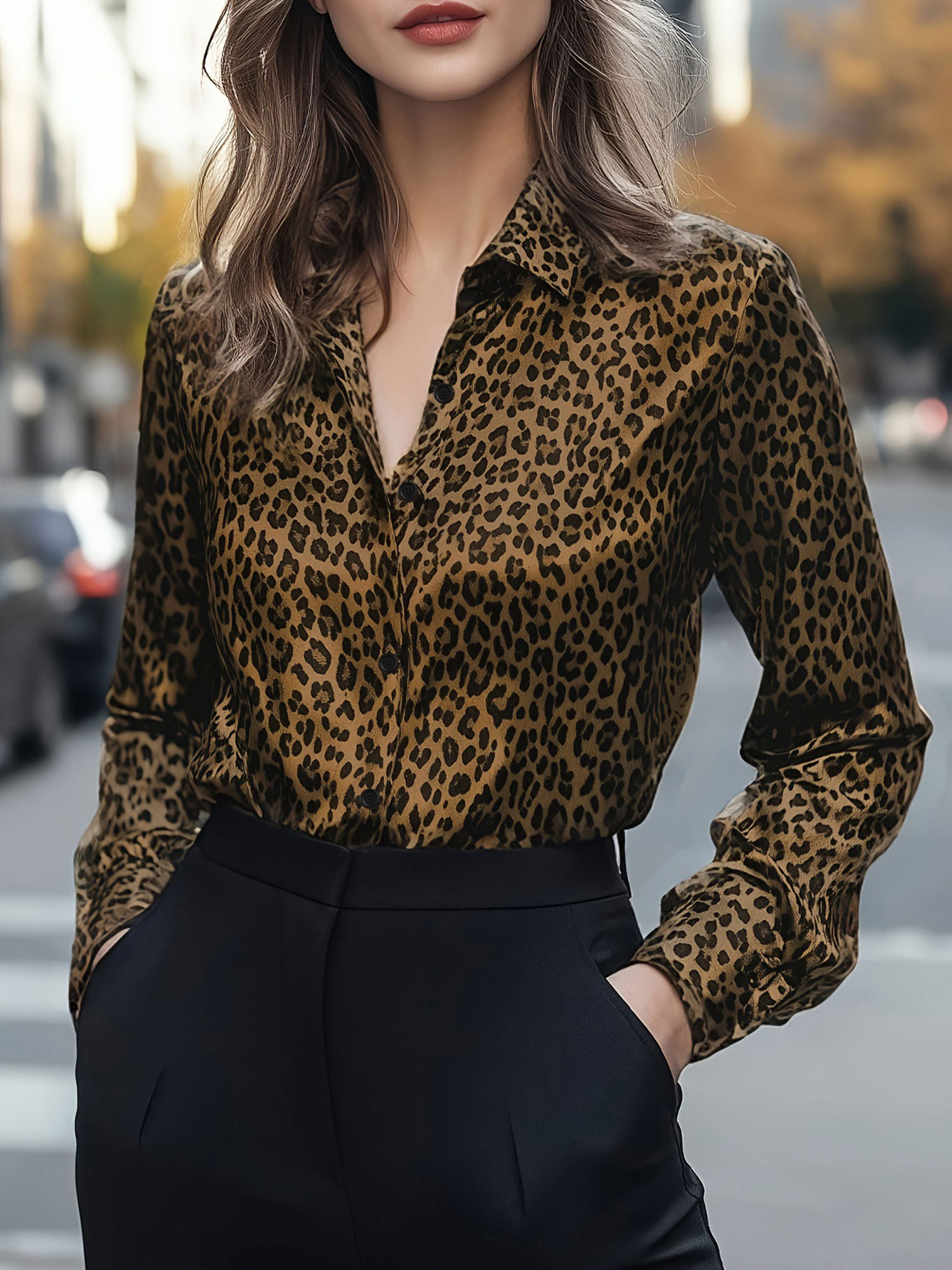 Leopard Print Button Down Long Sleeve Shirt Yellow/XS