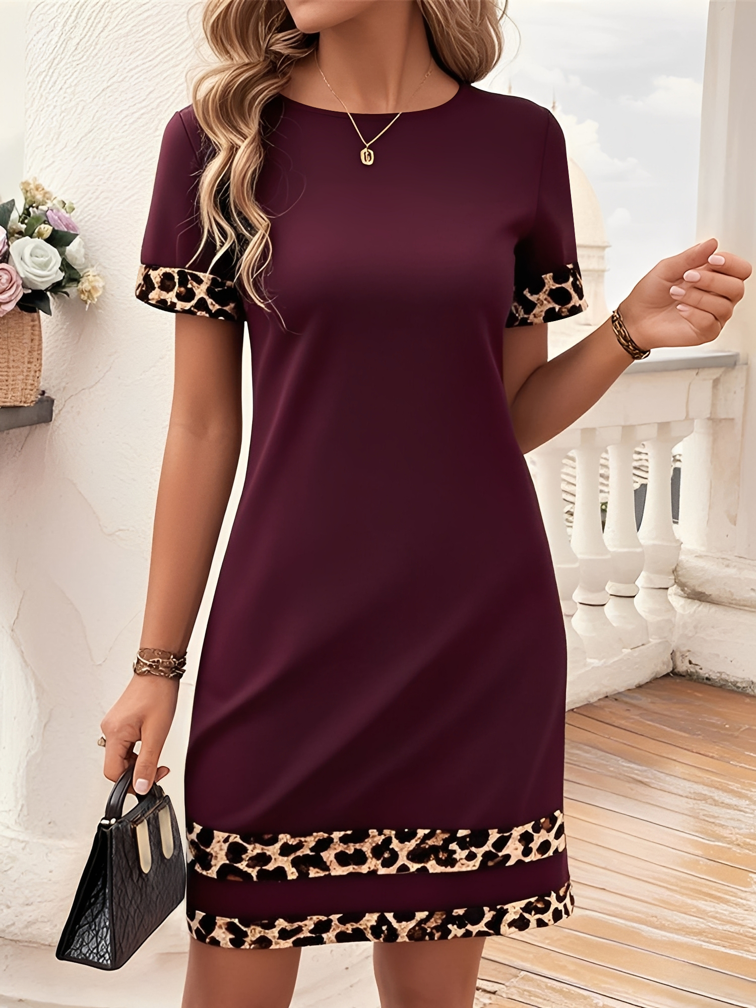 Leopard Print Patchwork Boat Neck Short Sleeve T-Shirt Dress Burgundy/S
