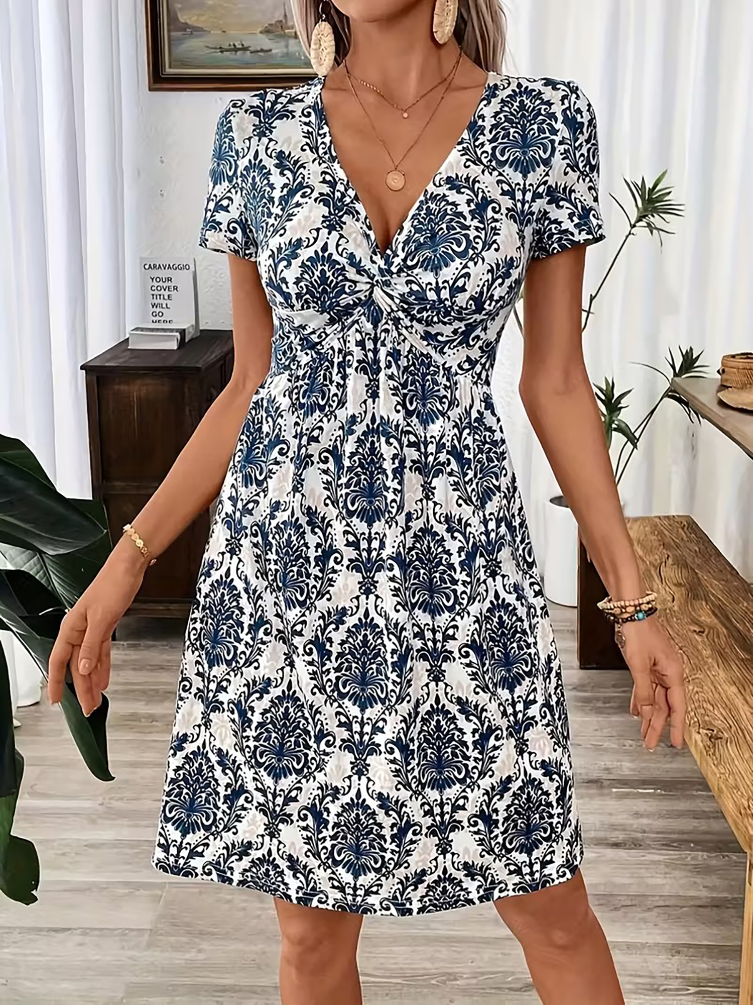 Short Sleeve V Neck Ruched Leopard Dress Blue/XS