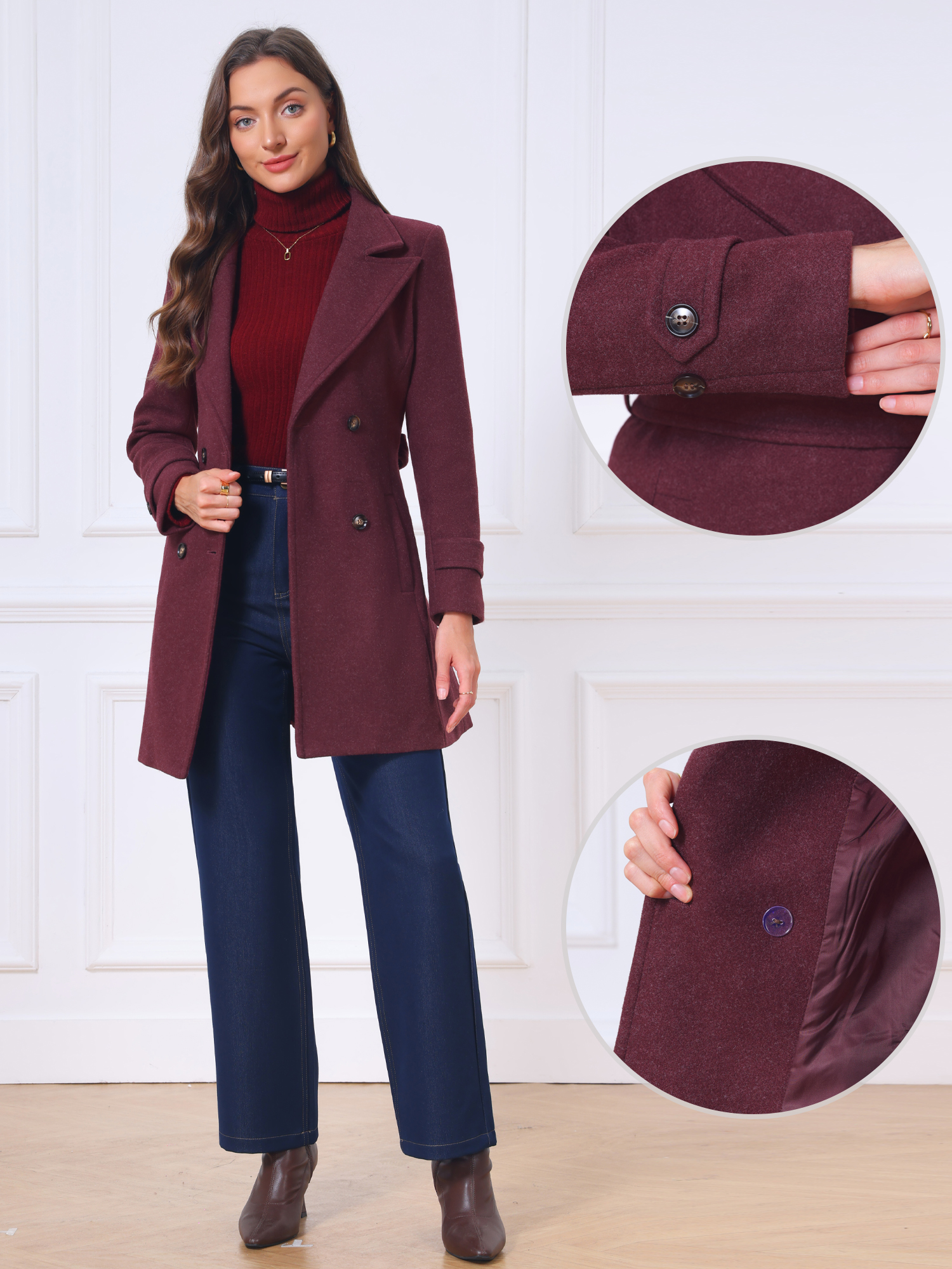 Notched Lapel Double Breasted Mid-thigh Winter Pea Coats Burgundy/S