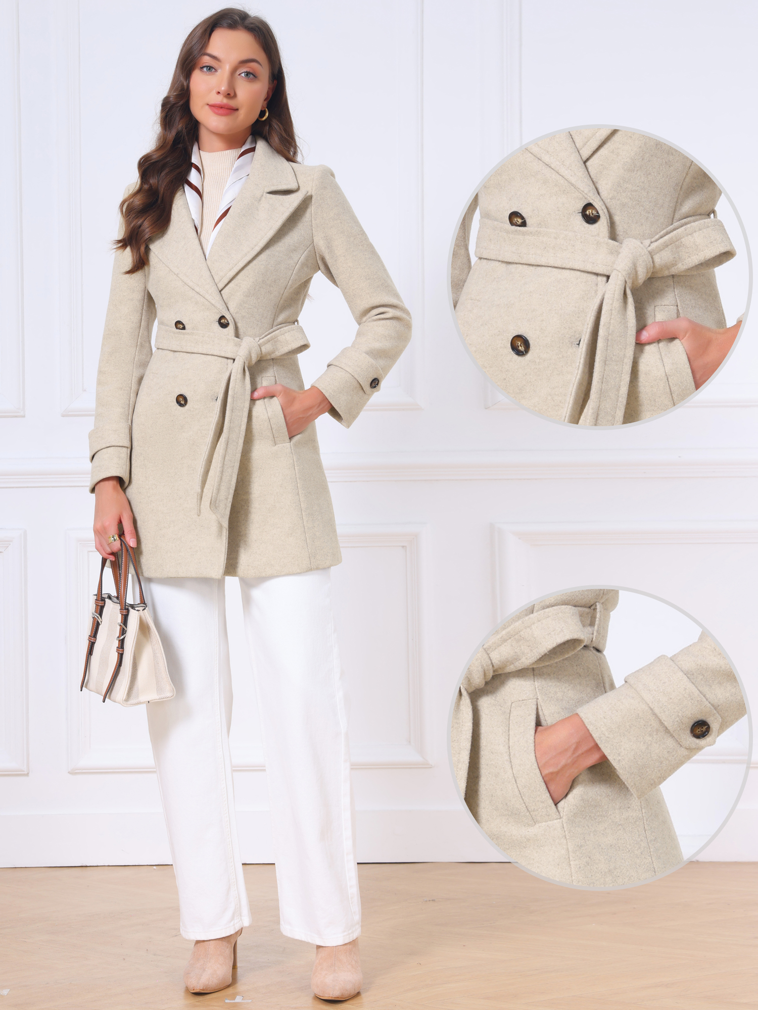 Notched Lapel Double Breasted Mid-thigh Winter Pea Coats Oatmeal/S
