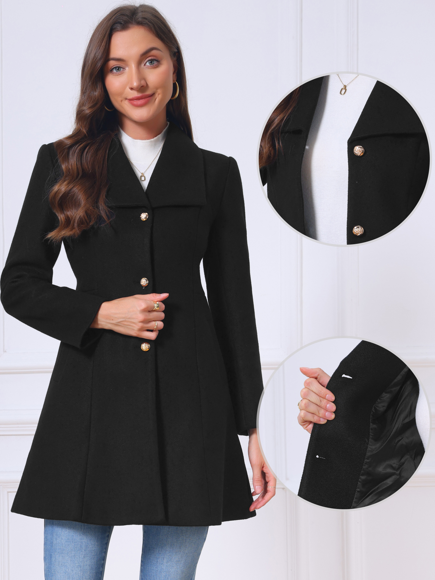 Single Breasted Long Sleeve Lapel Mid-Long A-Line Pea Coat Black/XL