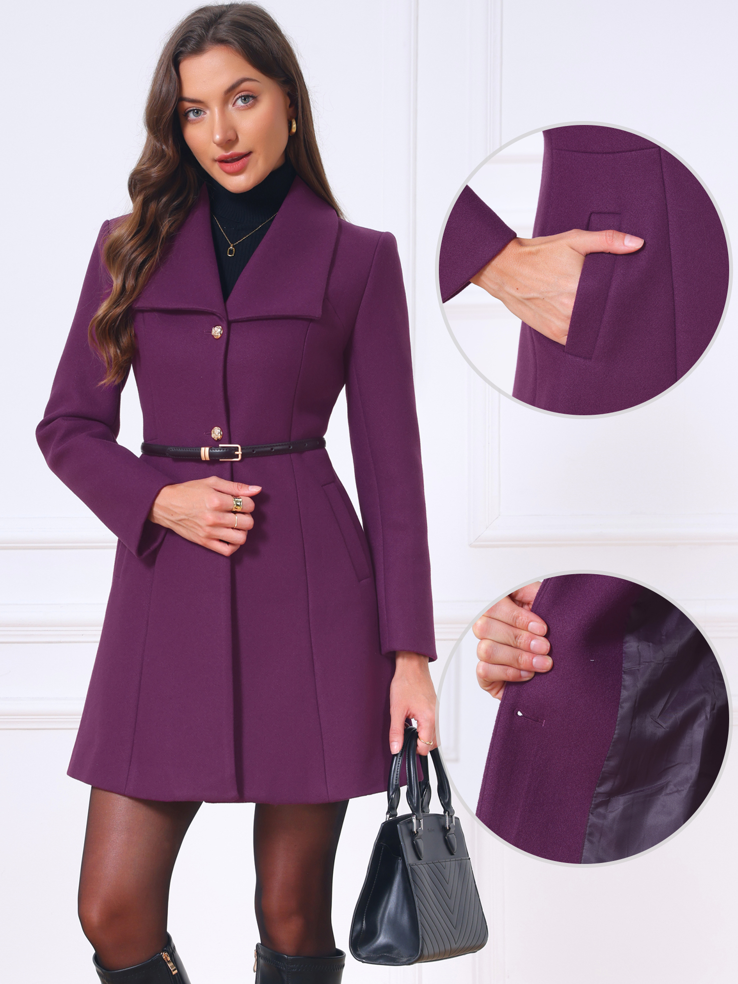 Single Breasted Long Sleeve Lapel Mid-Long A-Line Pea Coat Purple/XL