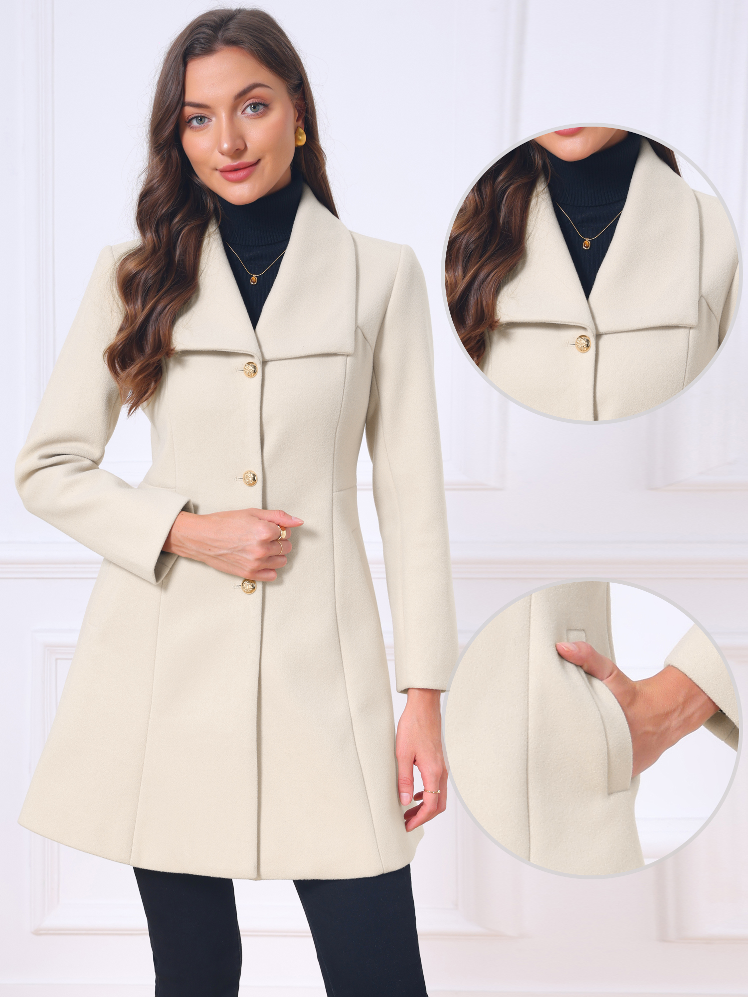 Single Breasted Long Sleeve Lapel Mid-Long A-Line Pea Coat Beige/XS