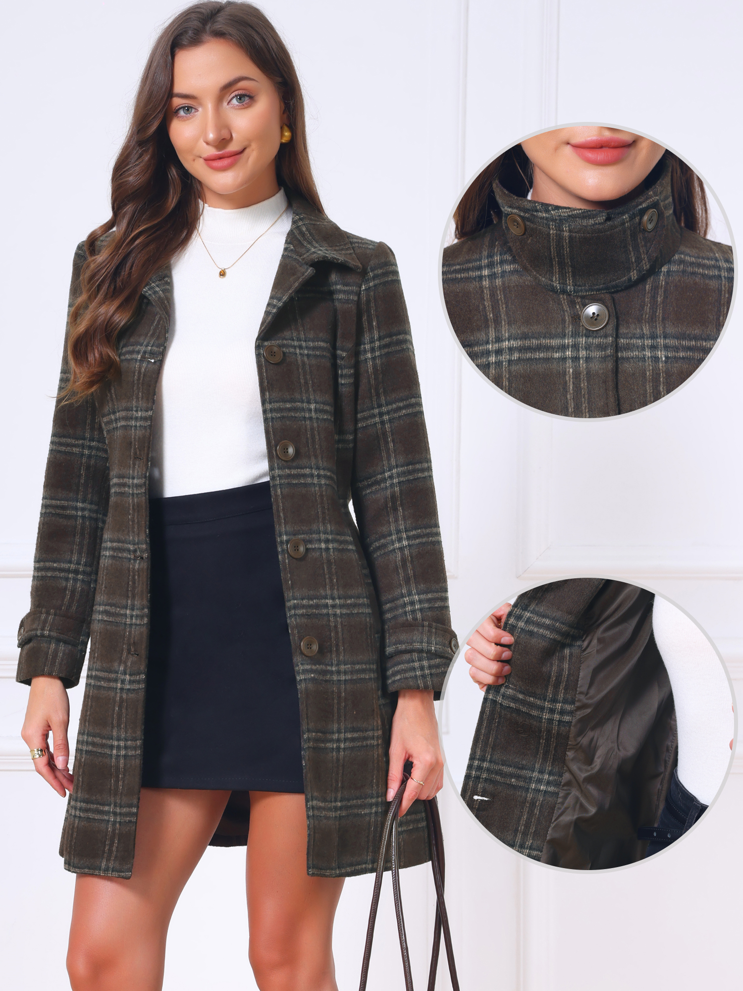 Long Sleeve Stand Collar Belted Plaid Pea Coat Brown/M