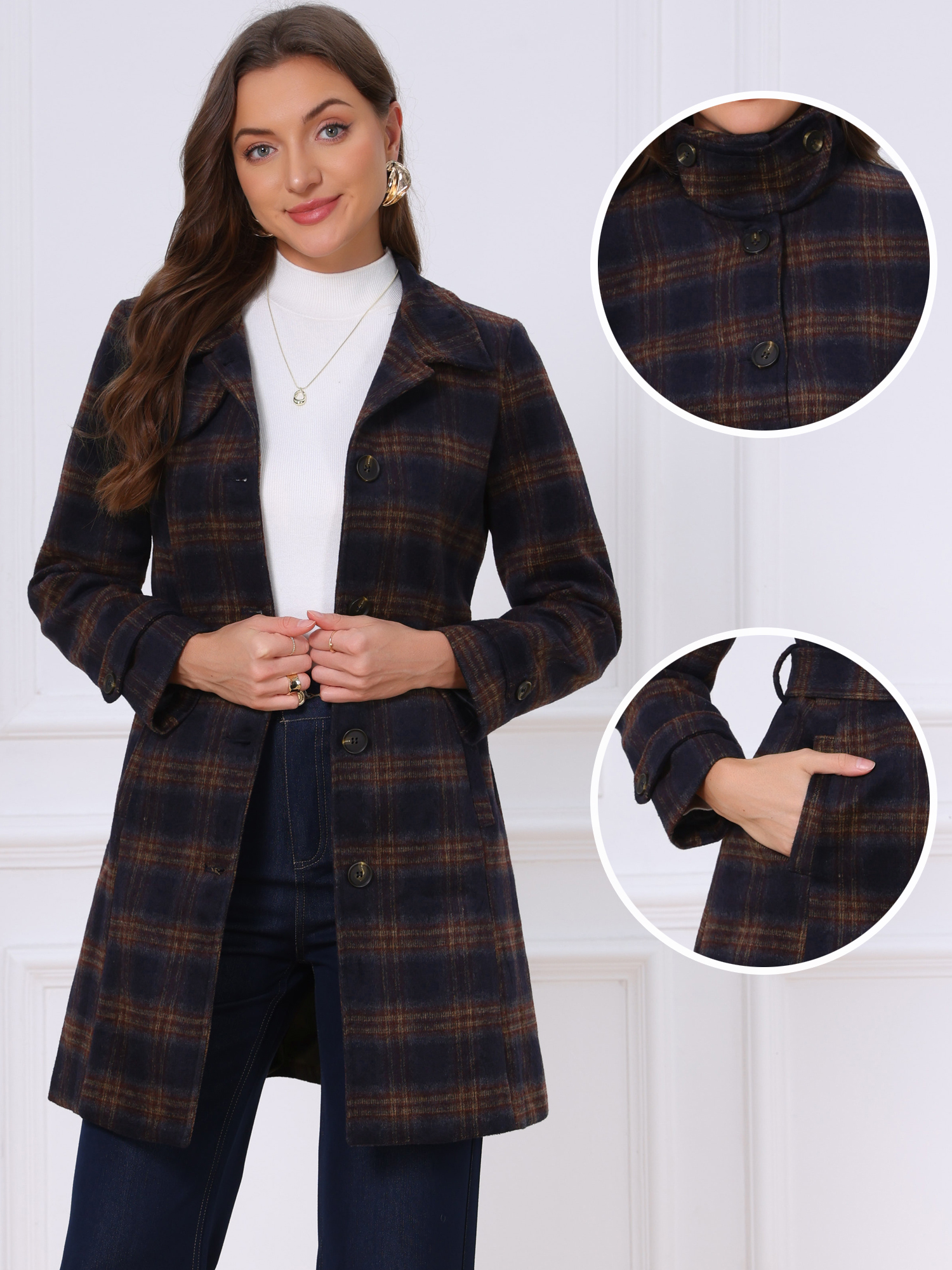Long Sleeve Stand Collar Belted Plaid Pea Coat Red Blue/XS