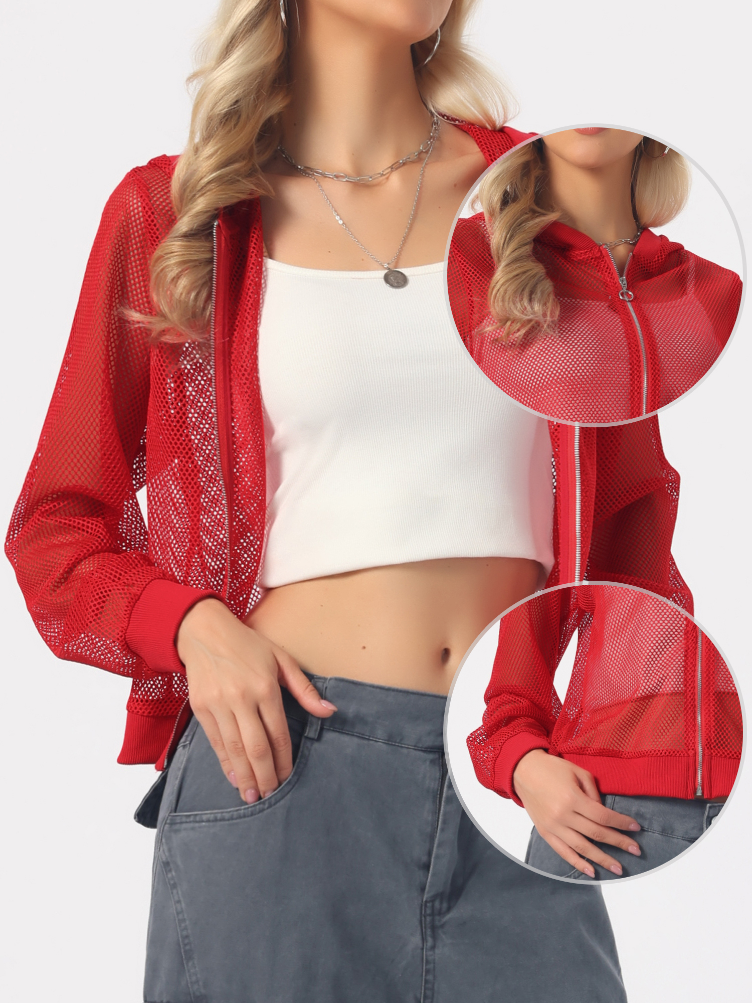 Zip Up Long Sleeve Mesh Sheer Hoodie Bomber Jackets Red/M