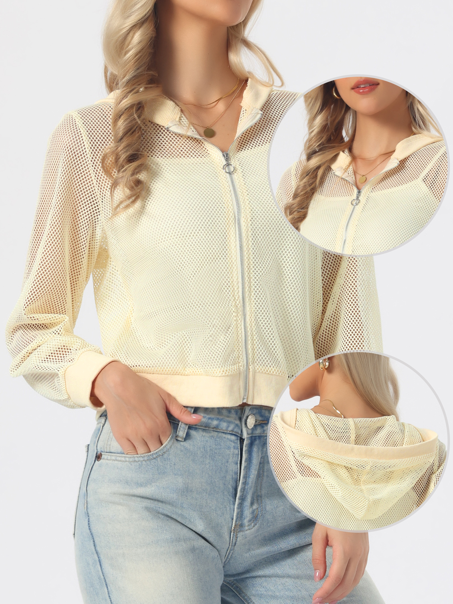 Zip Up Long Sleeve Mesh Sheer Hoodie Bomber Jackets Apricot/S