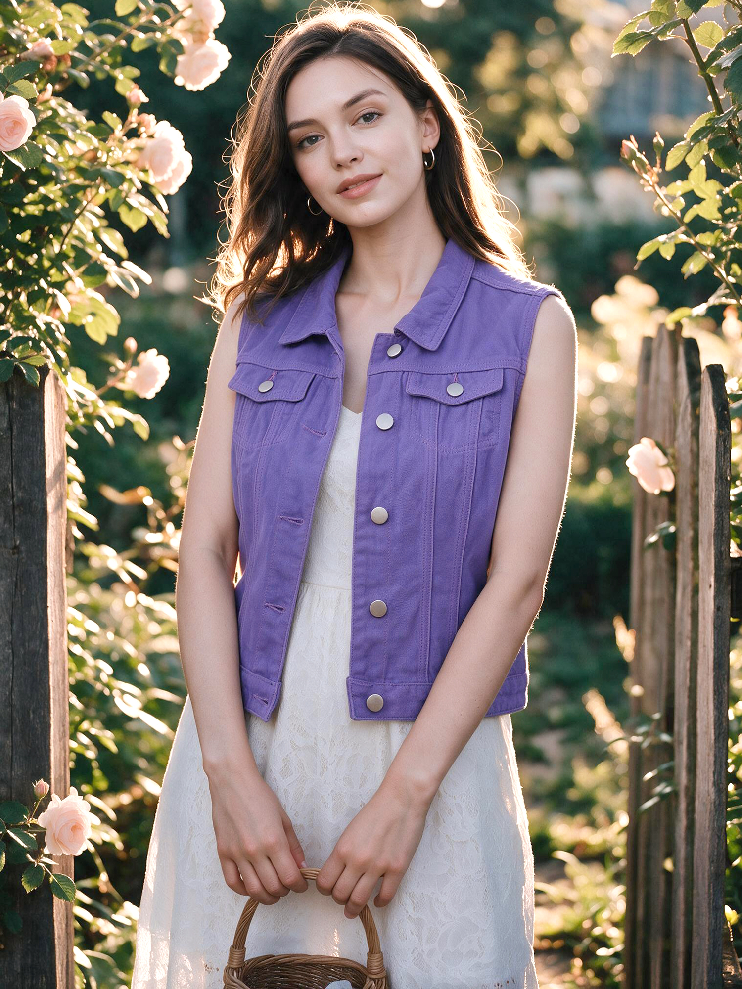 Buttoned Chest Flap Pocket Washed Denim Jacket Vest Purple/2XL
