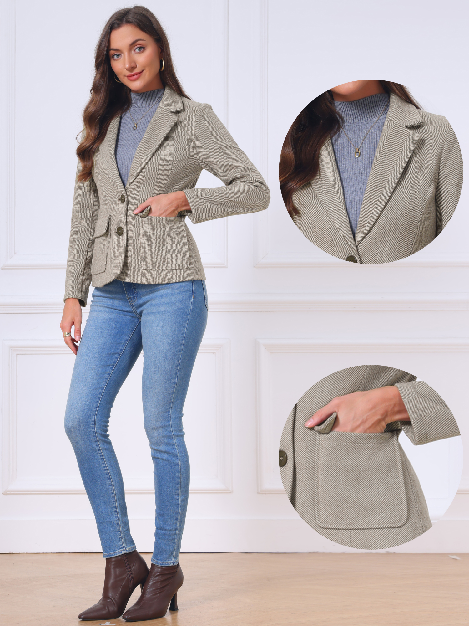 Herringbone Long Sleeve Business Casual Blazers with Pockets Brown/XS