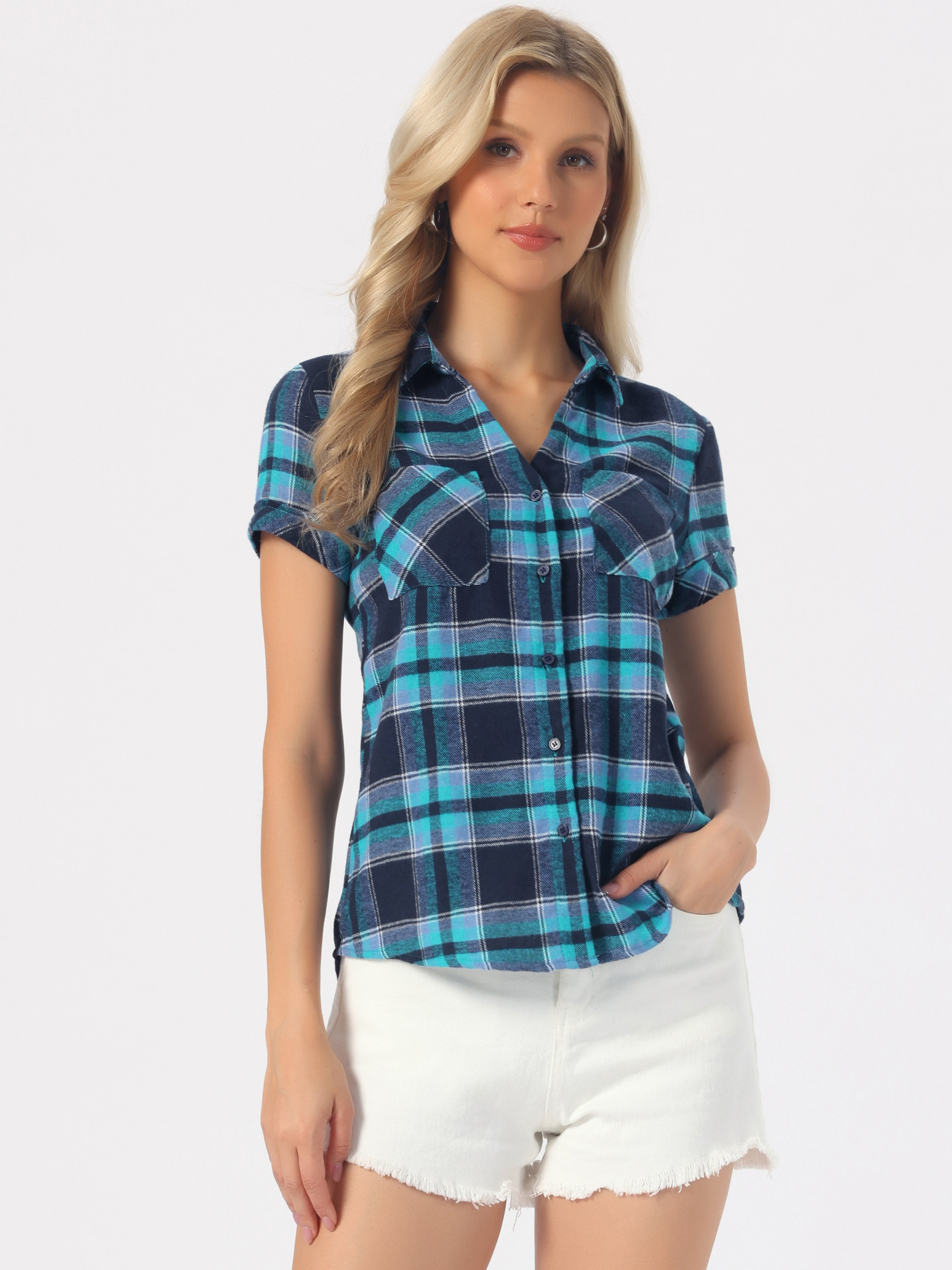 Cotton Classic Button Down Plaid Short Sleeve Shirt Navy/XL