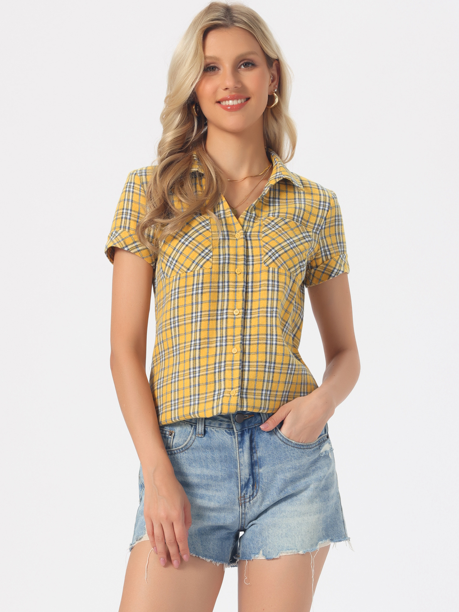 Cotton Classic Button Down Plaid Short Sleeve Shirt Yellow 2/S
