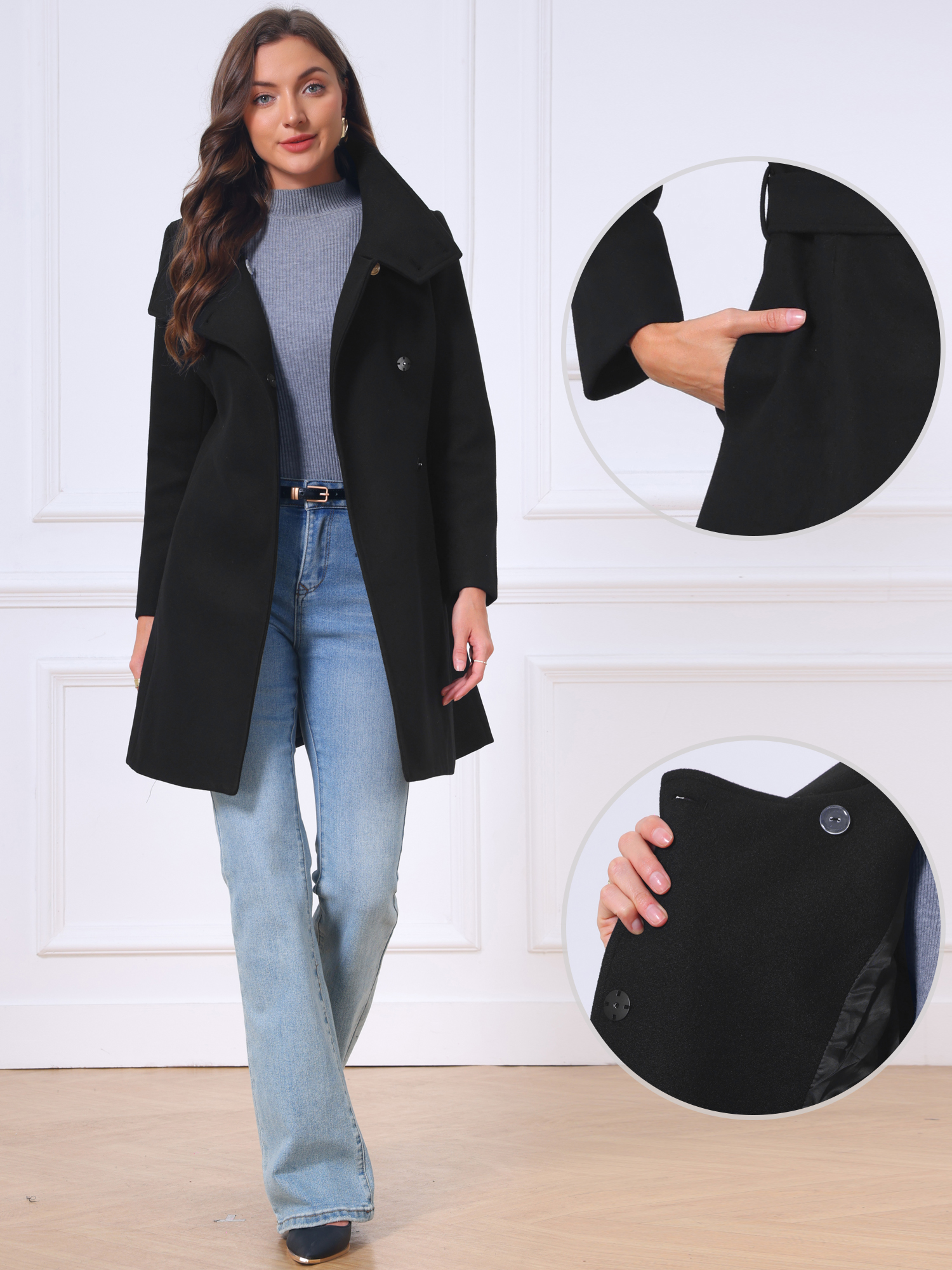Funnel Neck Single Breasted Belted Long Sleeve Pea Coat Black/S