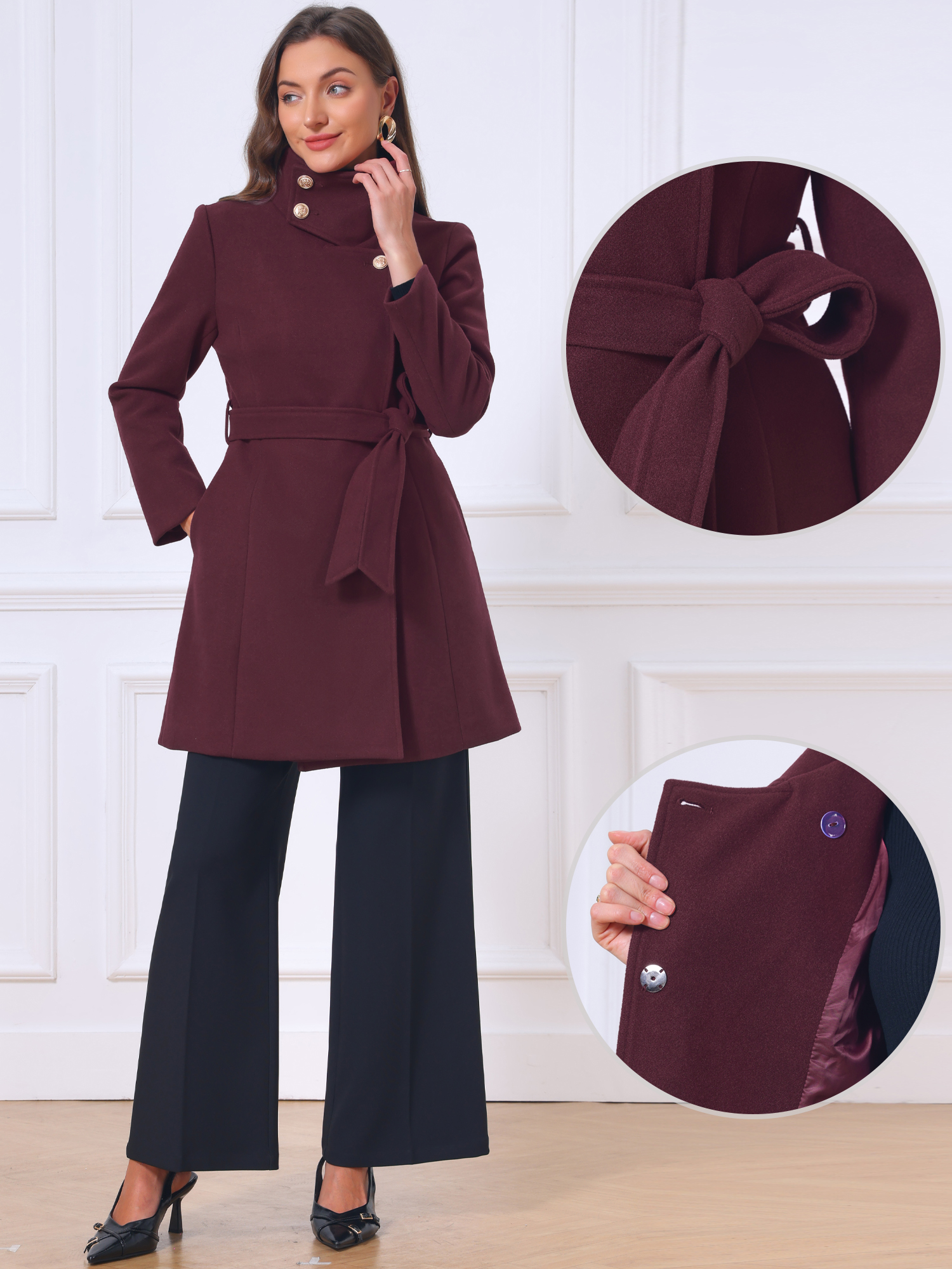 Funnel Neck Single Breasted Belted Long Sleeve Pea Coat Purple/L