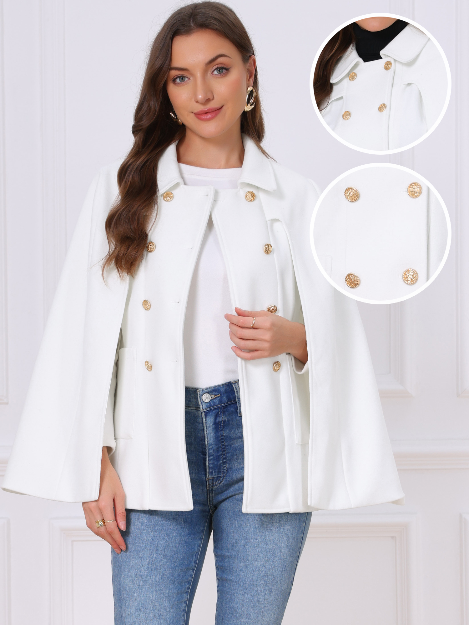 Winter Double Breasted Slit Sleeve Cloak Cape Coat White/S