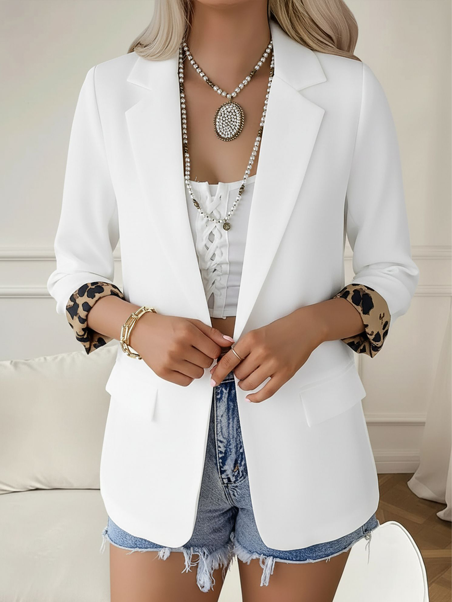Leopard Patchwork Long Sleeve Business Casual Blazer White/S