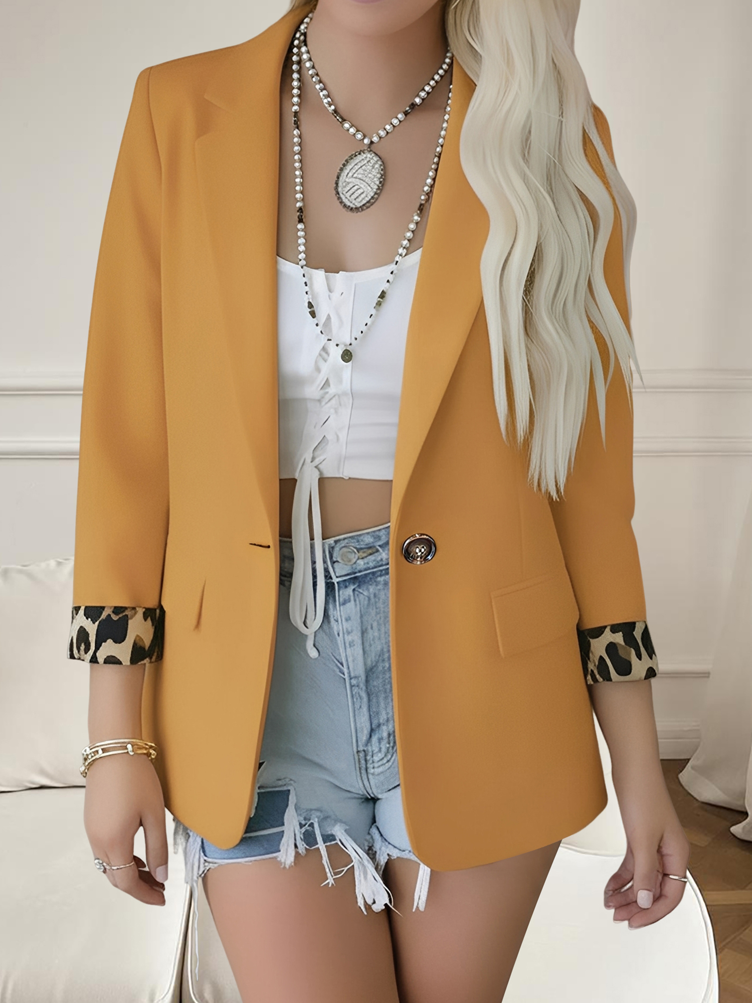Leopard Patchwork Long Sleeve Business Casual Blazer Yellow/L