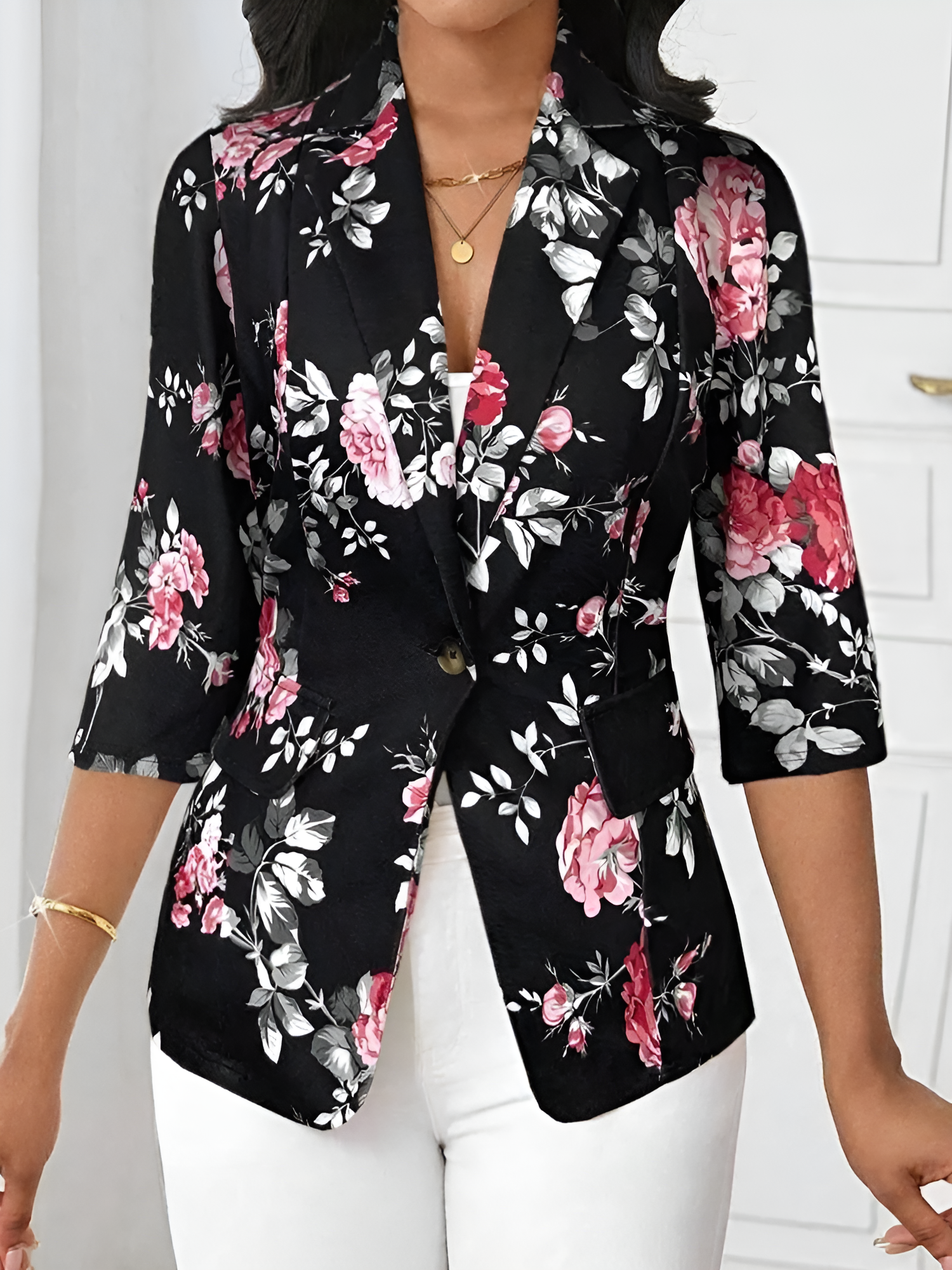 3/4 Sleeve Floral Notched Lapel Blazer Black/XS