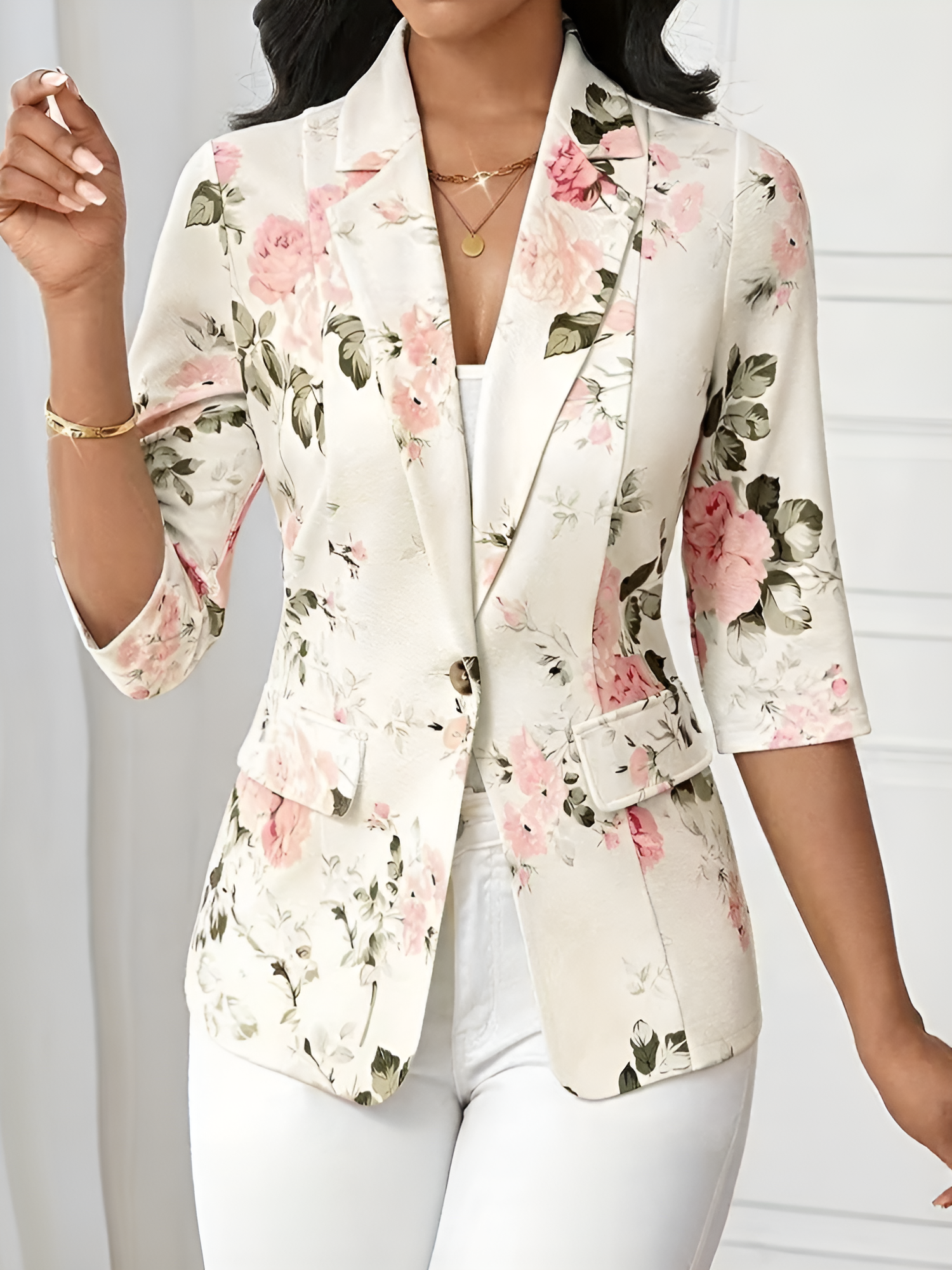 3/4 Sleeve Floral Notched Lapel Blazer Pink/S
