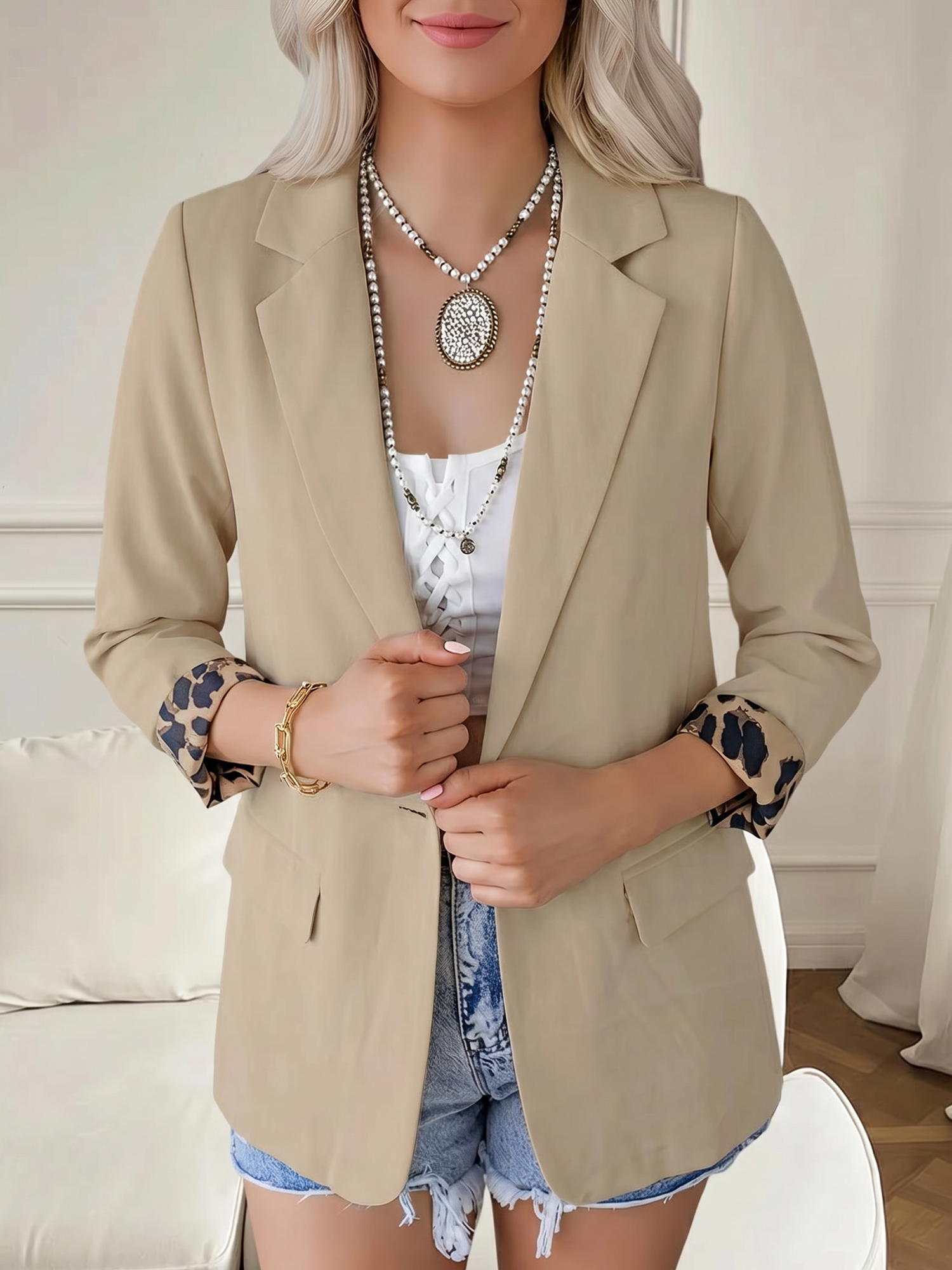 Leopard Patchwork Long Sleeve Business Casual Blazer Apricot/XL