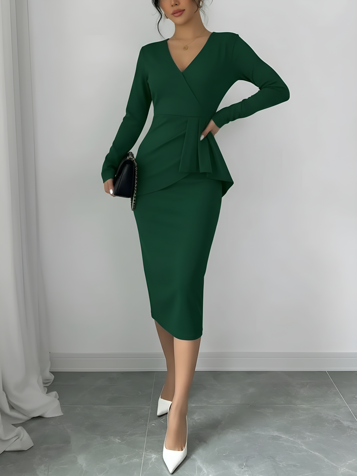 Pleated V Neck Long Sleeves Bodycon Midi Dress Green/XL
