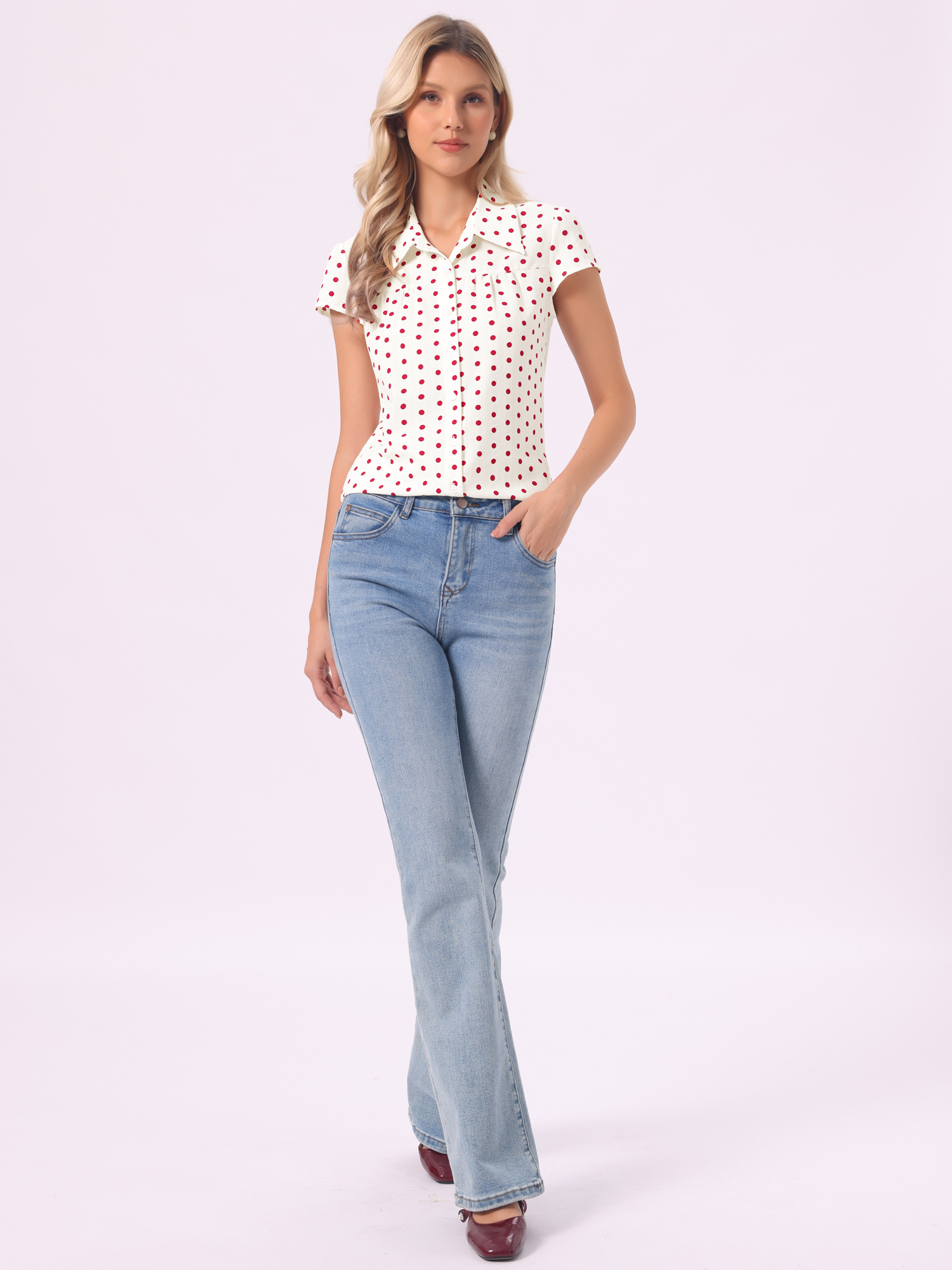 Short Sleeve Tops Vintage Polka Dots Button Up Shirt White Red/XS