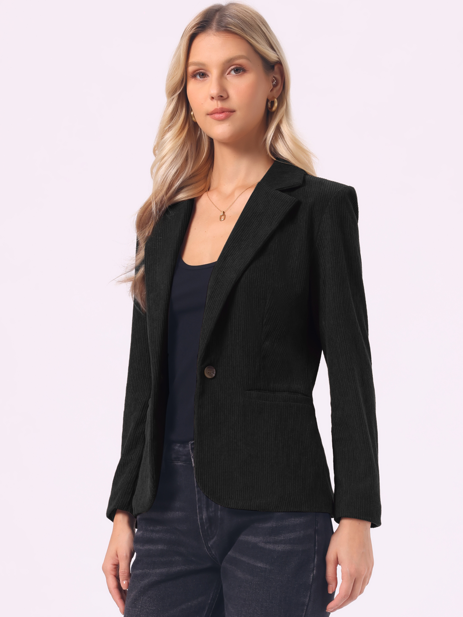Notched Lapel Long Sleeve One Button Corduroy Blazer Black/L