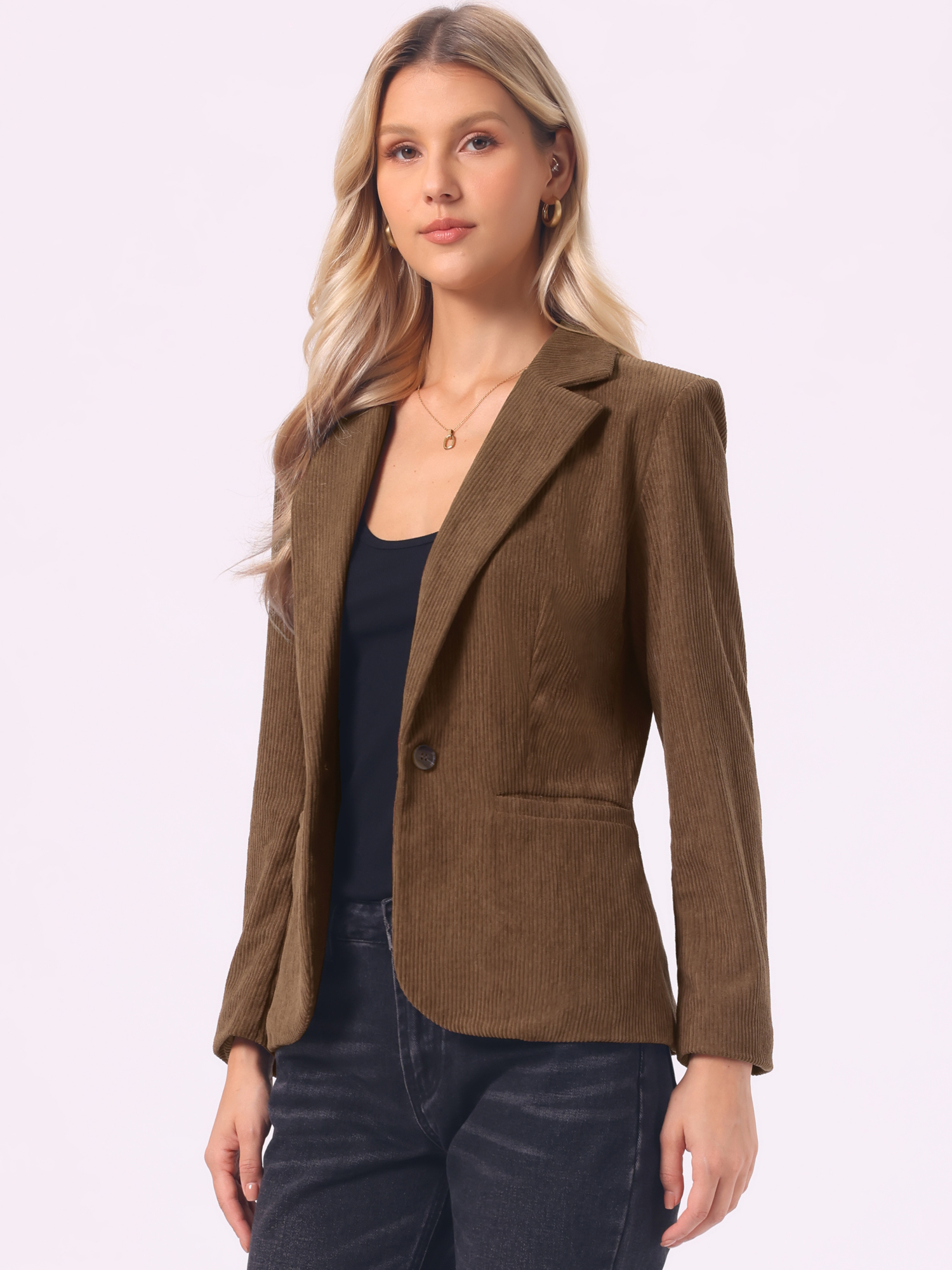 Notched Lapel Long Sleeve One Button Corduroy Blazer Brown/M