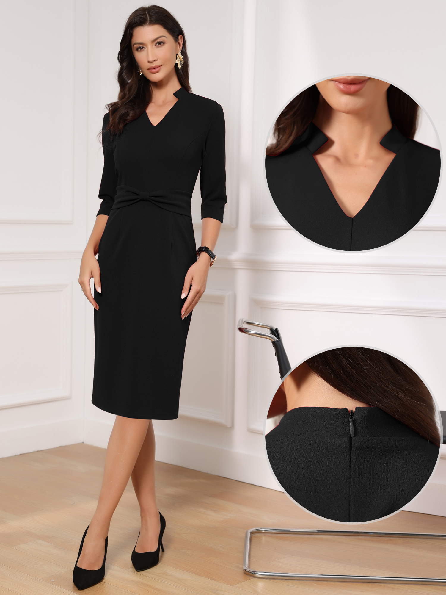 3/4 Sleeve Collared V Neck Business Office Sheath Dress Black/XL
