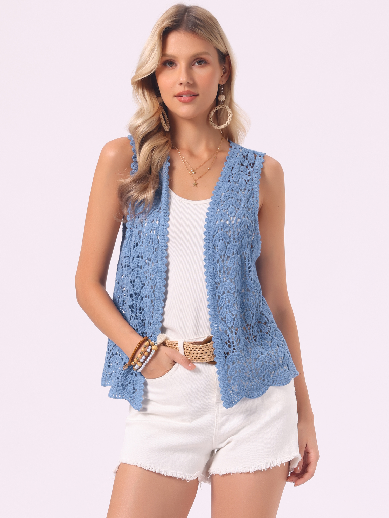 Floral Crochet Hollow Out Sleeveless Open Front Boho Vest Cardigan Blue Grey/M