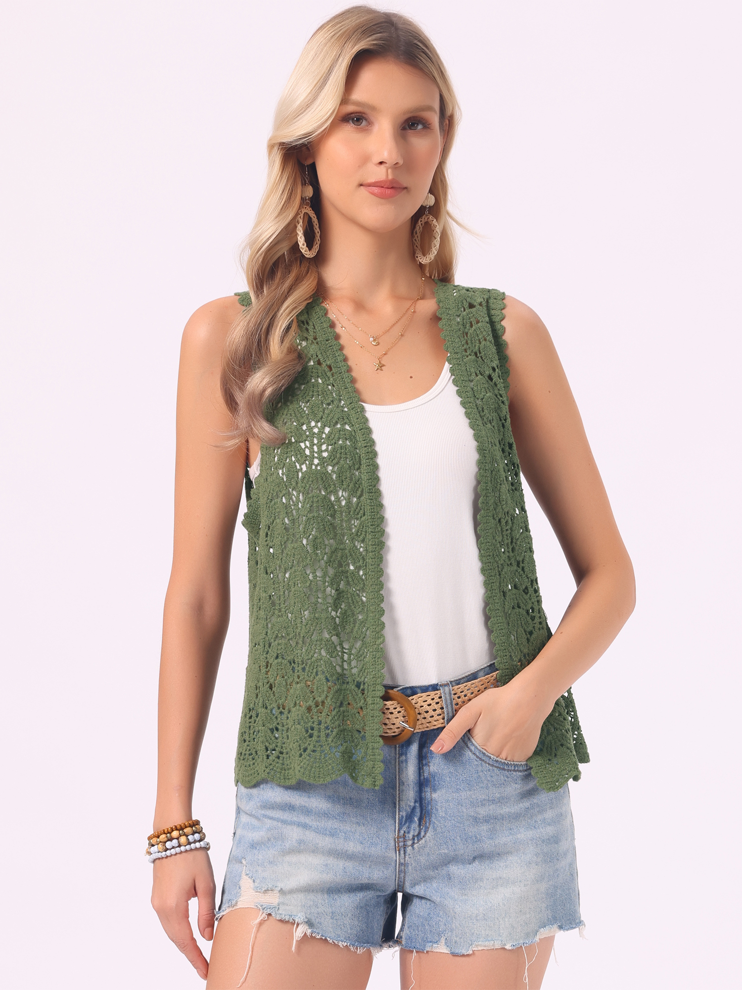 Floral Crochet Hollow Out Sleeveless Open Front Boho Vest Cardigan Army Green/S