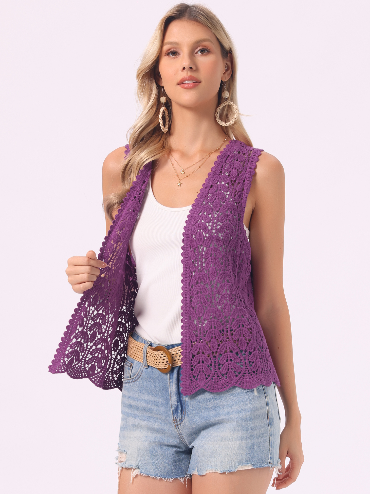 Floral Crochet Hollow Out Sleeveless Open Front Boho Vest Cardigan Purple Berry/S