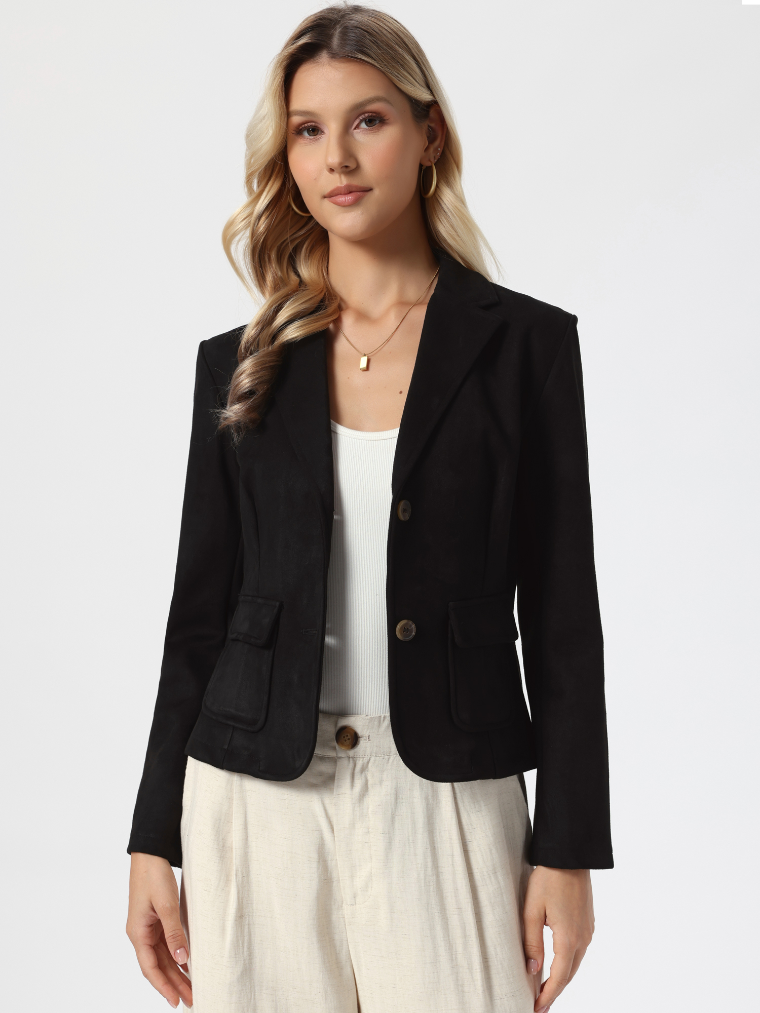 Faux Suede Notched Lapel Button Down Cropped Blazer Black/L