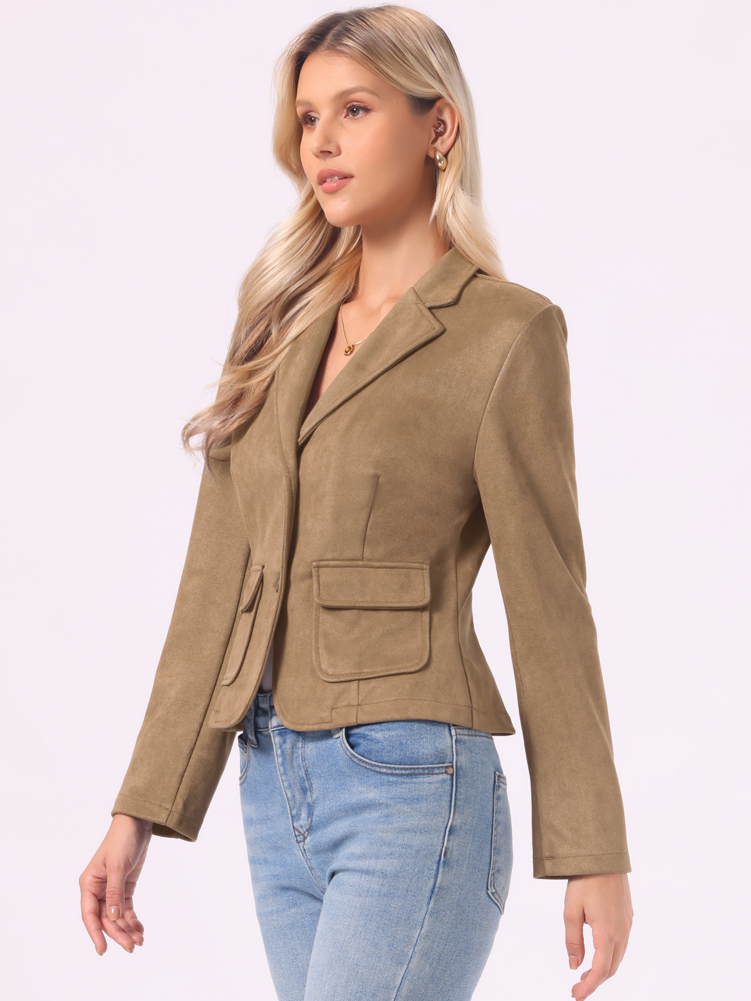 Faux Suede Notched Lapel Button Down Cropped Blazer Brown/L