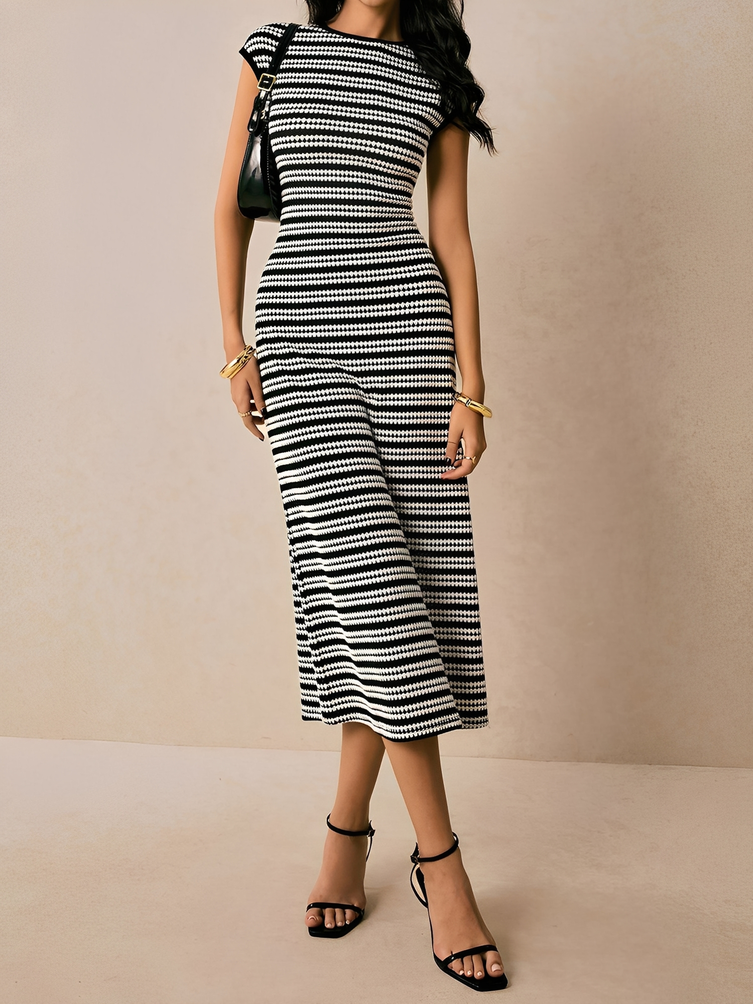 Striped Textured Boat Neck Cap Sleeves Dress Black/L