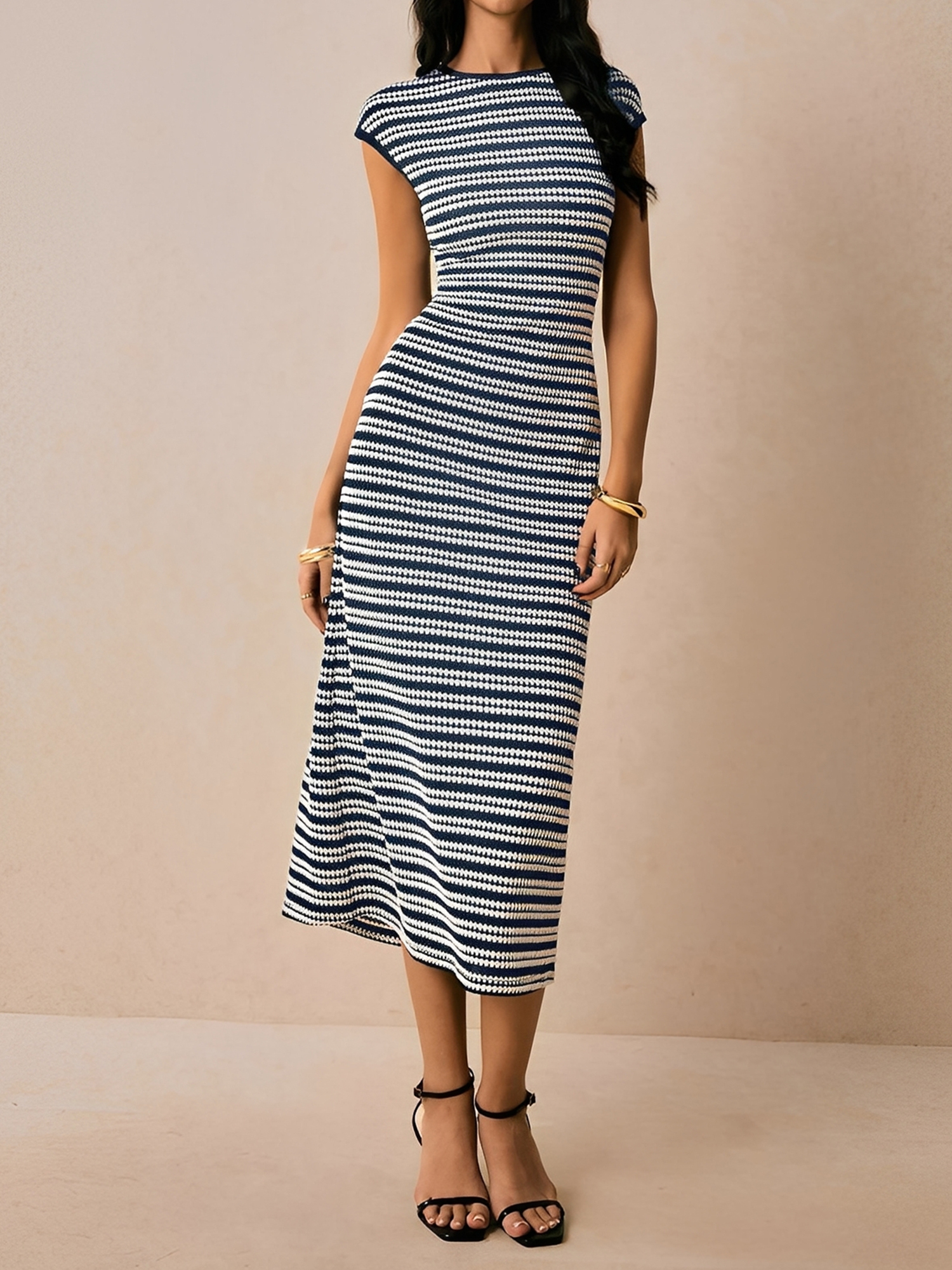 Striped Textured Boat Neck Cap Sleeves Dress Blue/S