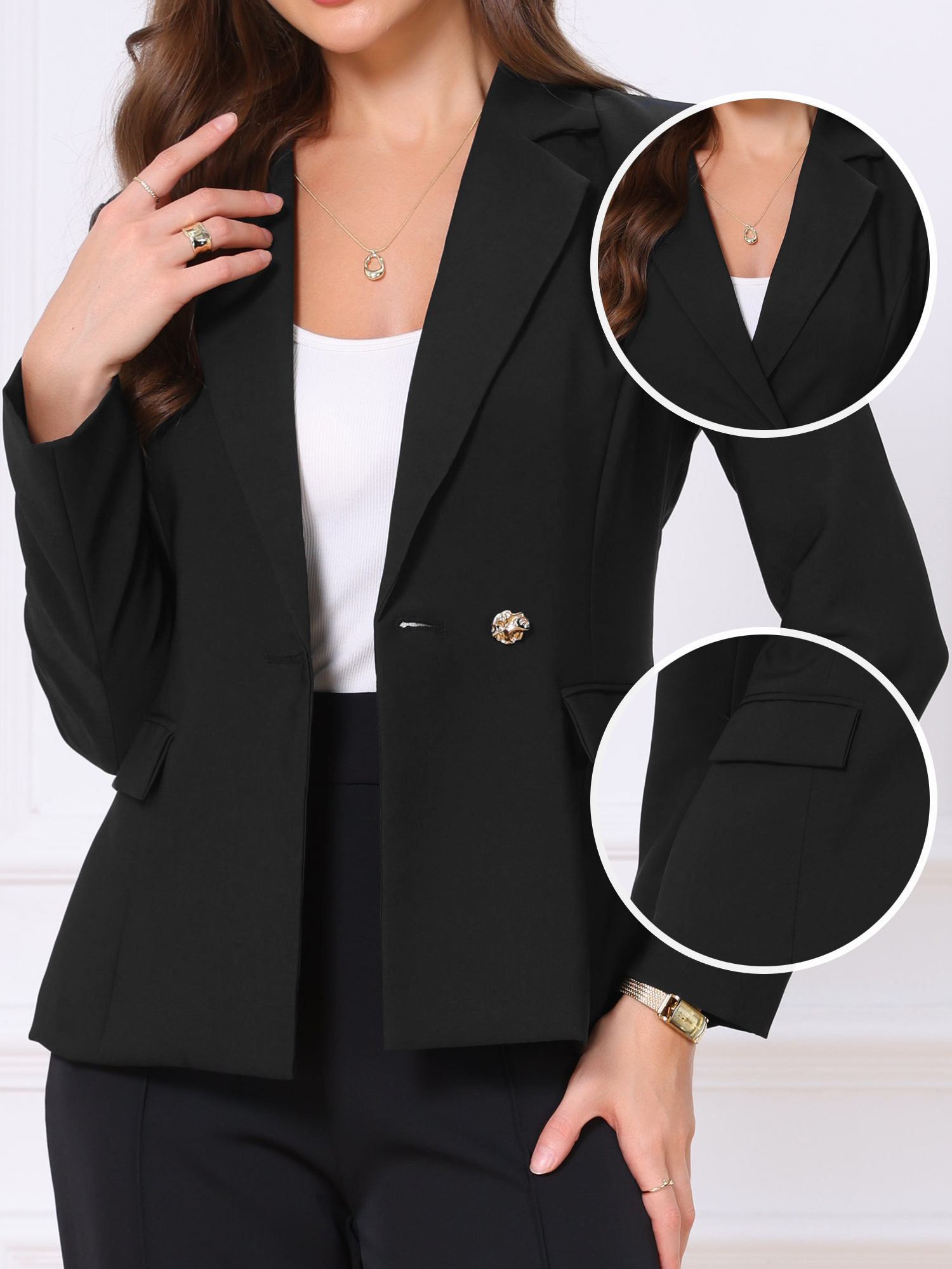 Long Sleeve Lapel Single Button Business Casual Work Blazer Black/S