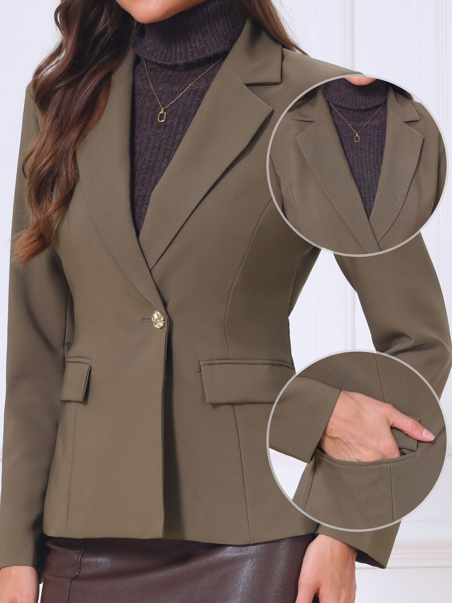 Long Sleeve Lapel Single Button Business Casual Work Blazer Brown/M