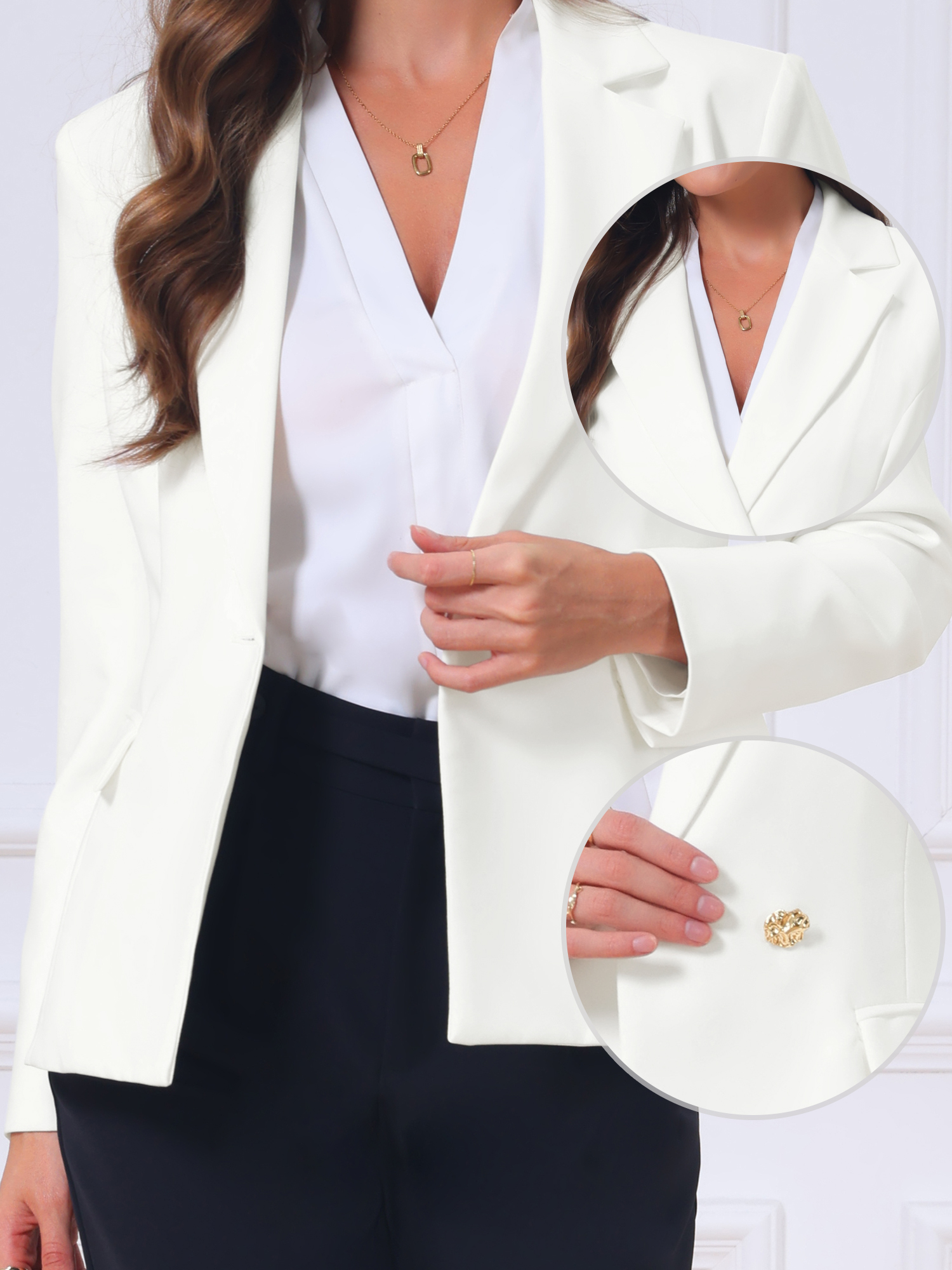Long Sleeve Lapel Single Button Business Casual Work Blazer White/XL