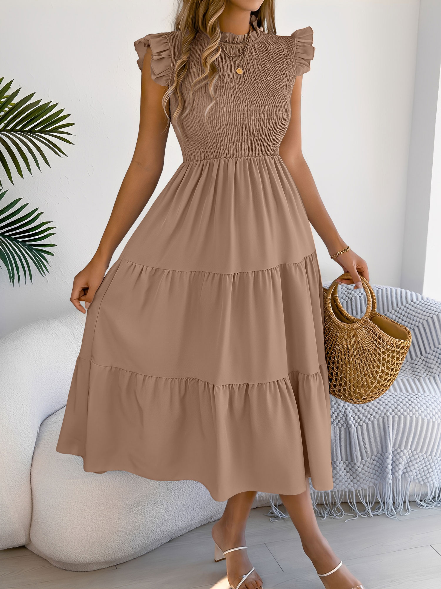 Ruffled Cap Sleeve Smocked Tiered A-Line Dress Khaki/L