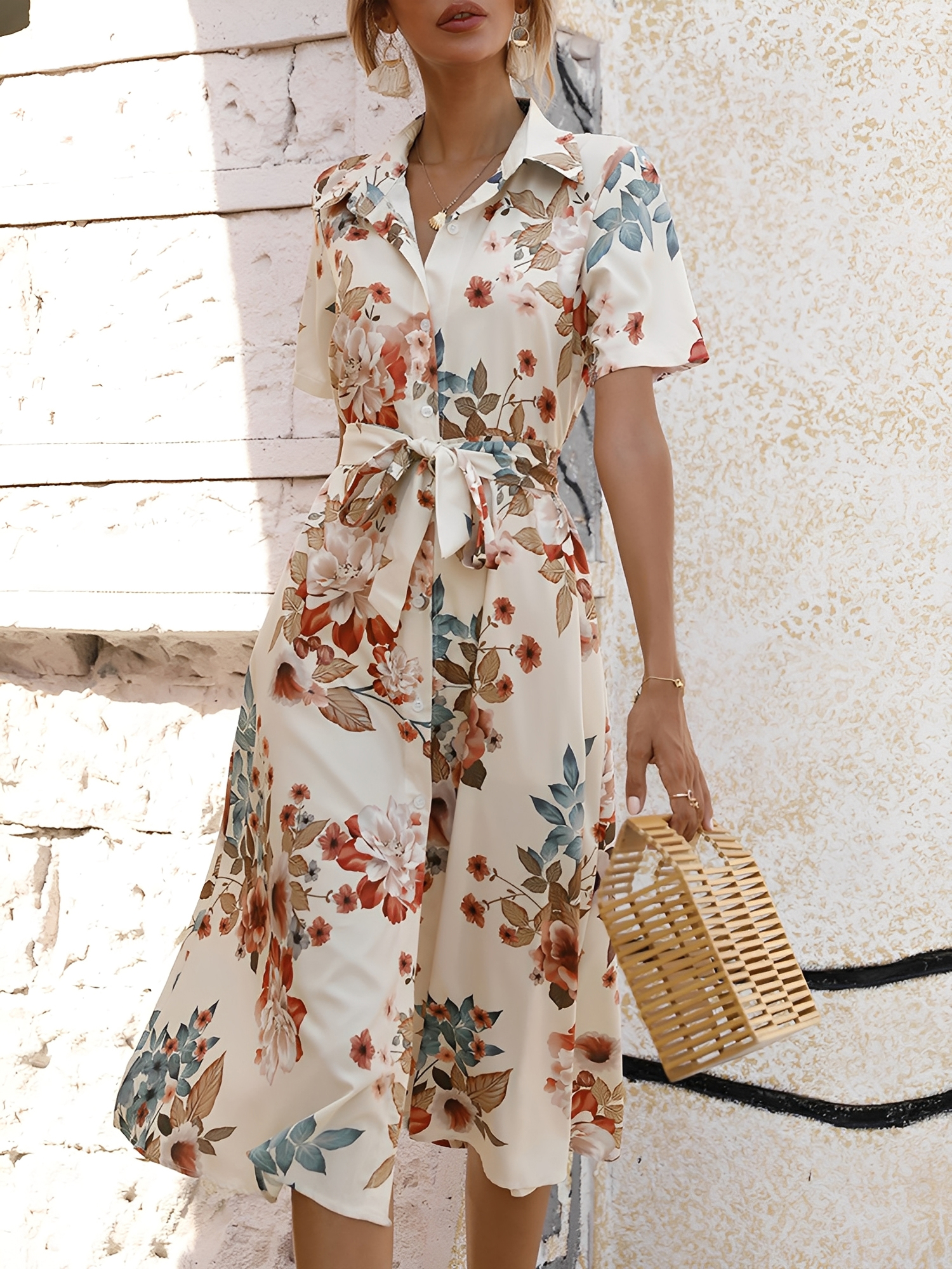 Floral Button Down Lace-Up Belted Shirt Dress Apricot/XS