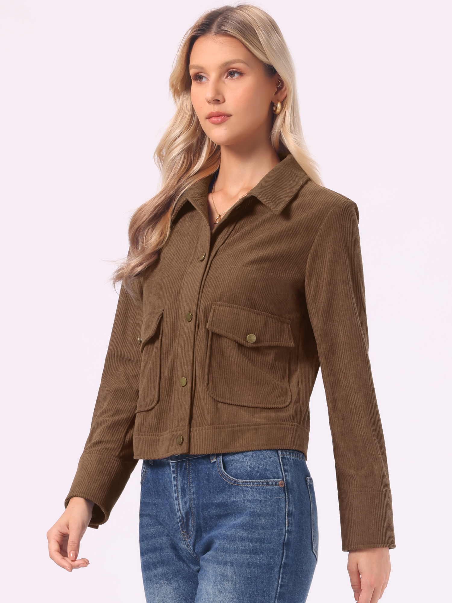 Corduroy Button Down Long Sleeve Flap Pockets Jacket Dark Brown/L